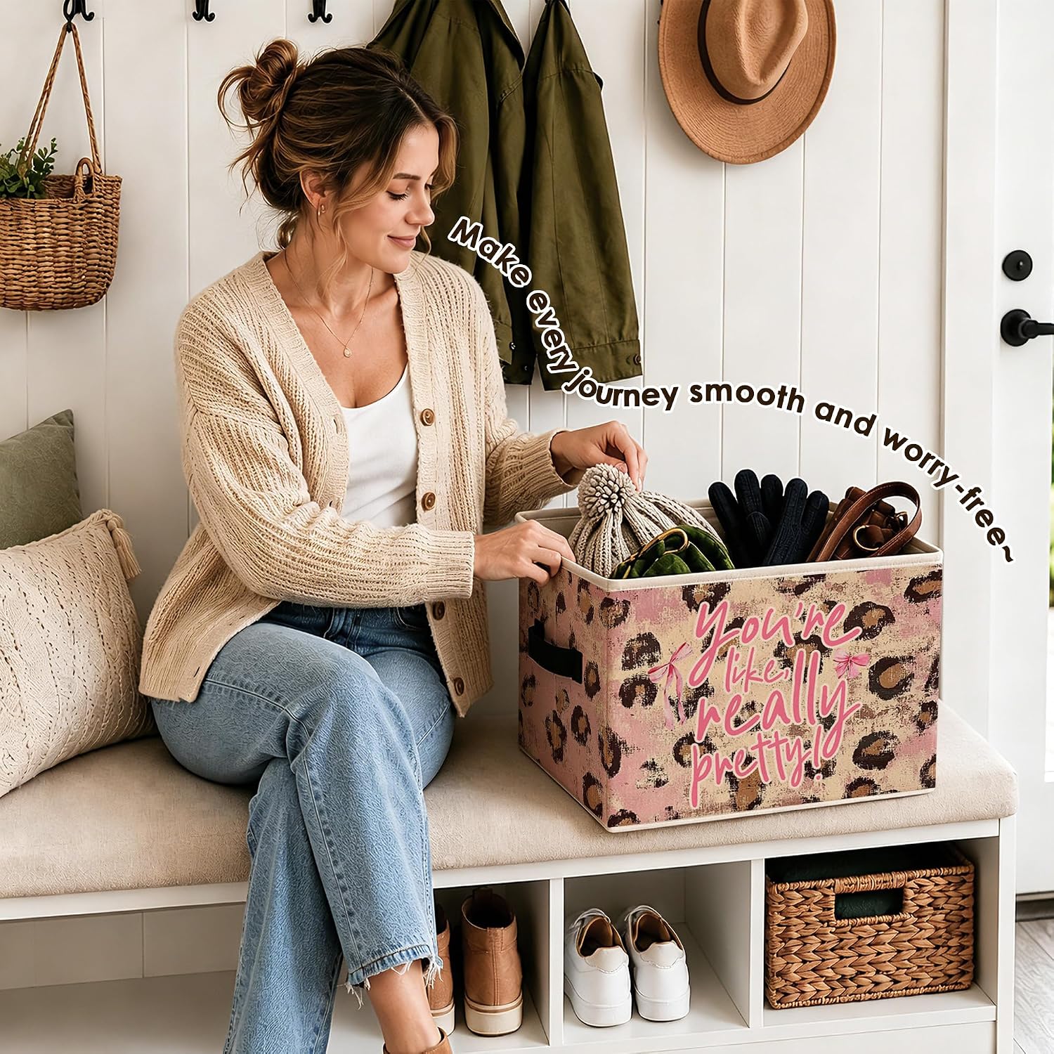 Pink and Cheetah Print Storage Bins with Handles, You're Like Really Pretty Leopard Collapsible Clothes Toys Books Organizer Basket for Dorm Apartment Bedroom Bathroom Home image 5