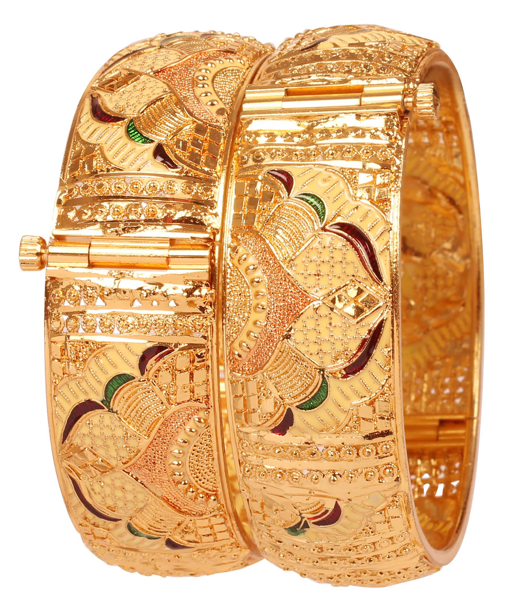 TouchstoneIndian Bollywood Finely Hand Engraved Peeled Metal Pretty Mesh Work Jaipur Meenakari Enamel Exclusive Designer Jewelry Bangle Bracelets In Gold Tone For Women.