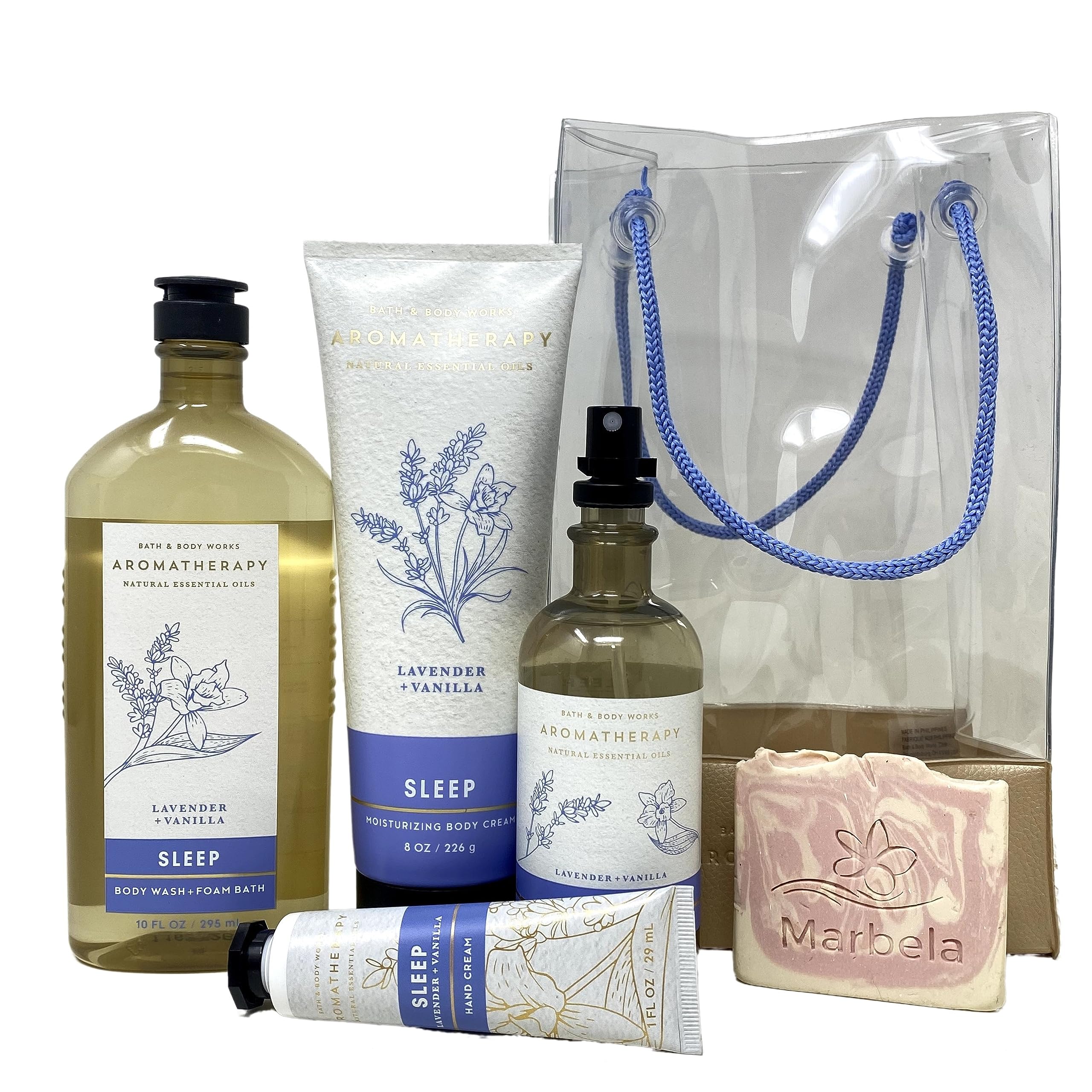 Bath Body Works Aromatherapy Sleep Lavender Vanilla Gift Bag Set - Pillow Mist Body Wash hand cream and