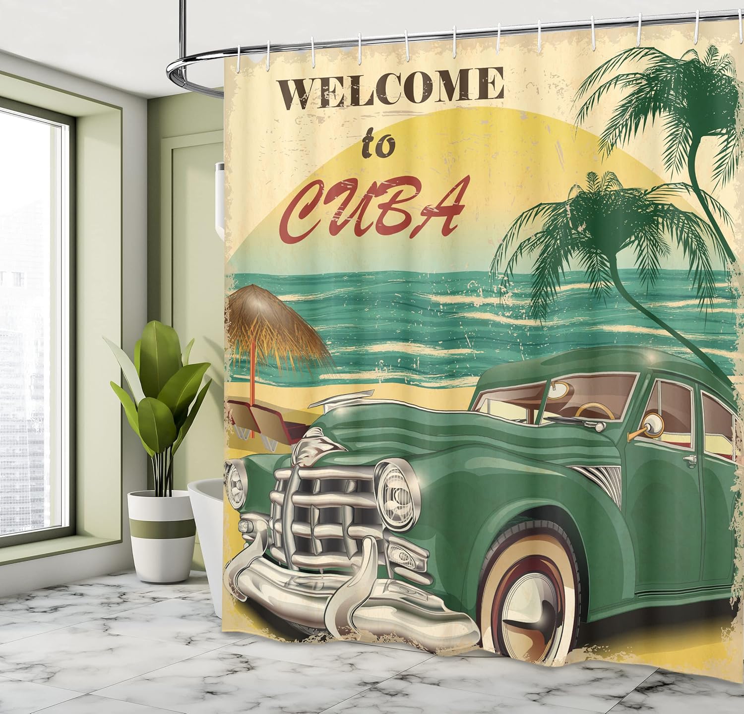 Ambesonne Retro Shower Curtain, Nostalgic Welcome to Cuba Print Classic Car Beach Ocean Palm Trees, Cloth Fabric Bathroom Decor Set with Hooks, 69" W x 75" L, Green Cream Yellow