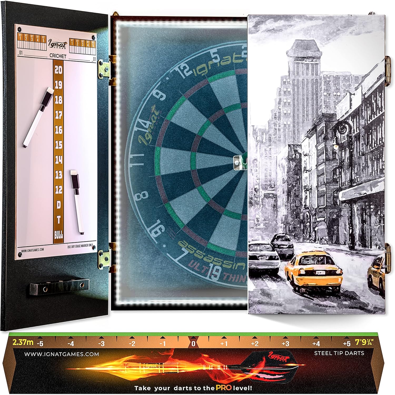 IgnatGames Dart Board Professional Set - Competition Size Kenyan Sisal Dart Board for Adults with 6 Professional Steel Darts - Staple-Free Ultra-Thin Wire Spider Dartboard + Accessories & Mounting Kit