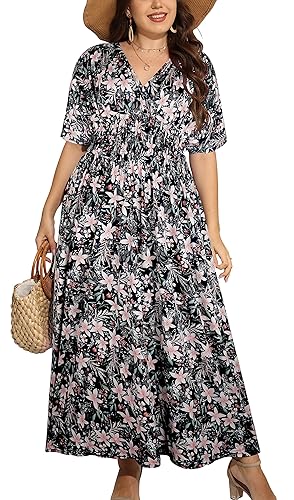 OSTOO Women's Plus Size Hawaii Empire Waist Bat Short Sleeve