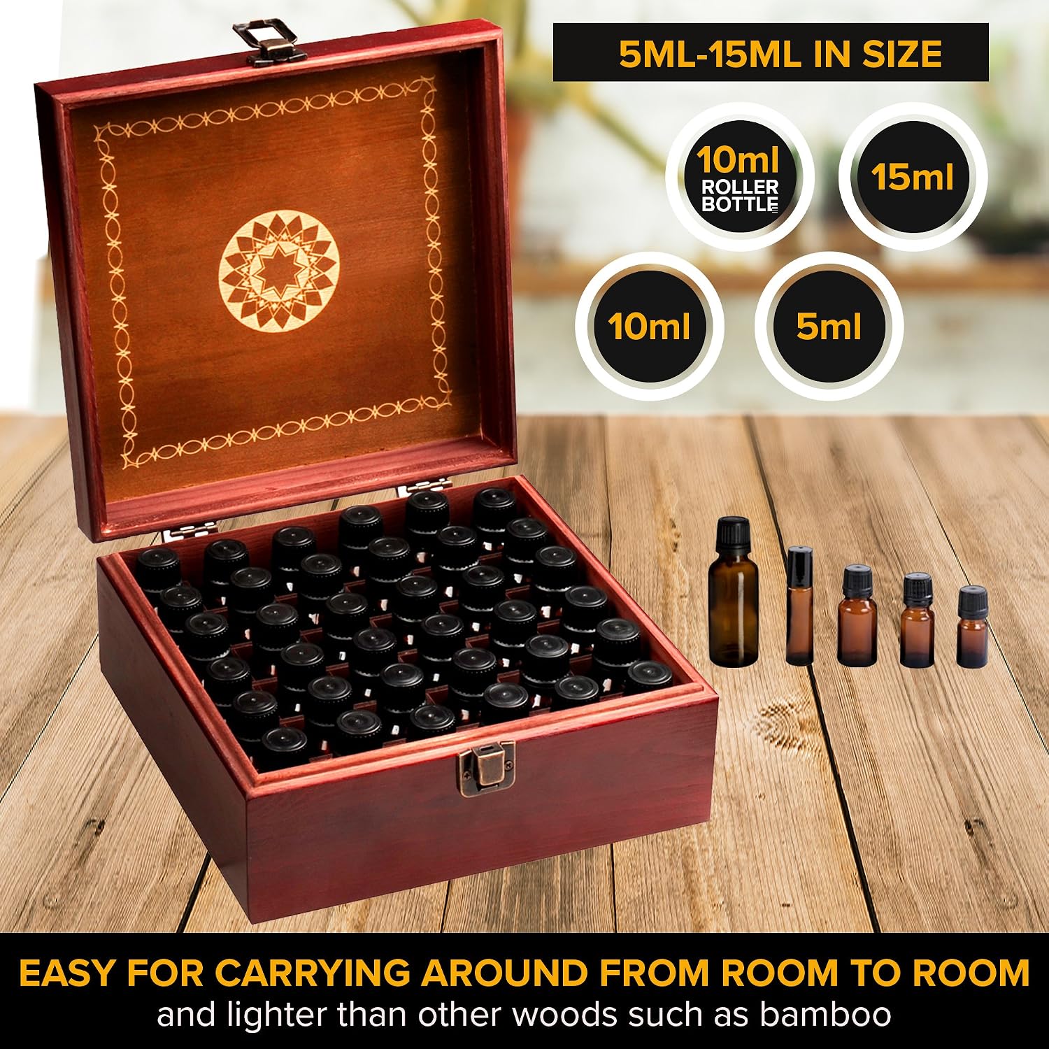 Beautiful Essential Oil Storage Box Organizer - Hold 36 5-15ml & 10ml Roller Bottles - Free Roller Bottle Opener and 192 EO Labels - Wooden Oil Case Holder