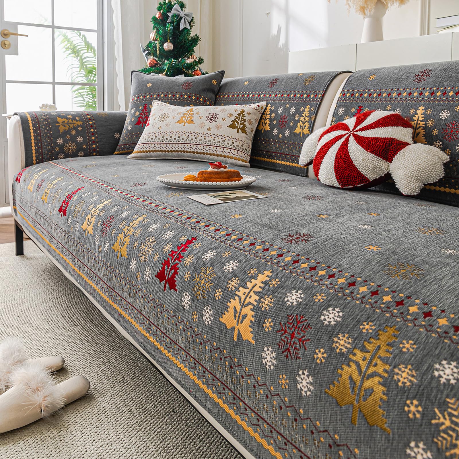 Housse de canapé de Noël antidérapante, protège-canapé gris en chenille 90x90 cm de salon