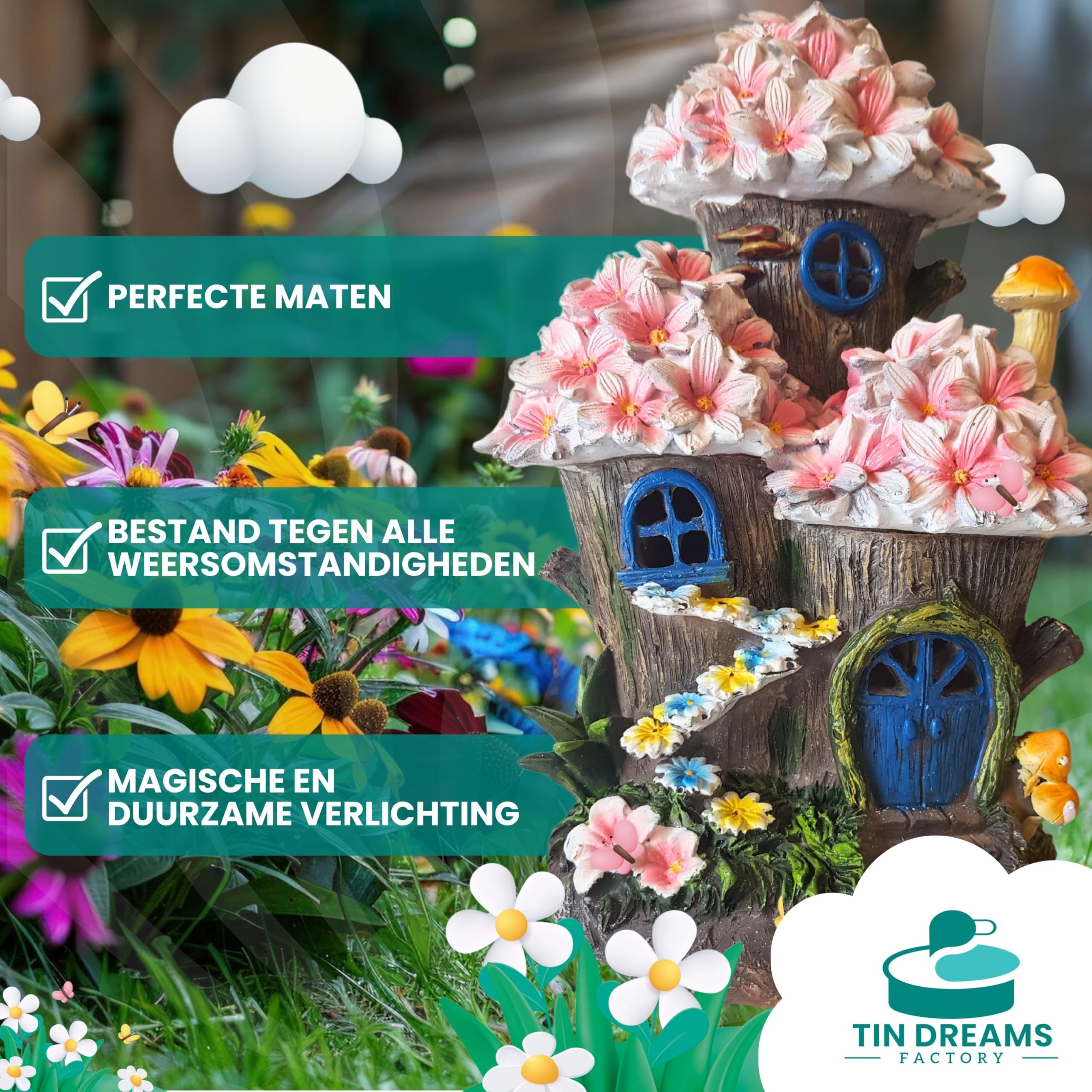 TIN DREAMS FACTORY | Betoverd Bloemen Boomhuis - Met Oplaadbare Zonne- energie - Fantasiefiguur voor Buiten, Tuin, Patio, Terras - Magisch Ornament met Automatische LED Verlichting