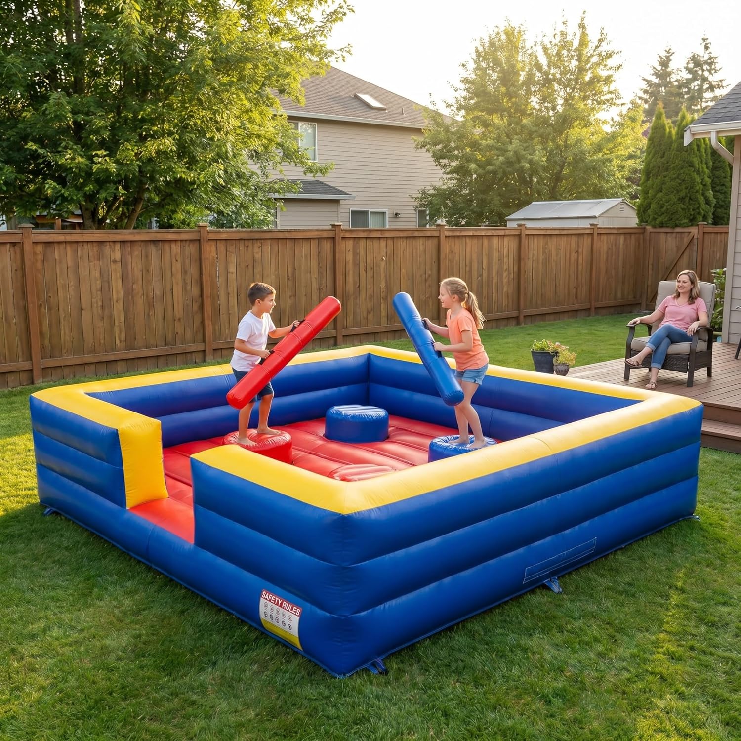 Inflatable Gladiator Joust Arena Game Set - 13x13ft 4 Person Joust Arena with 4 Jousting Sticks & Helmets, Commercial Grade PVC Inflatable Jousting Ring for Party, School & Team Building Events