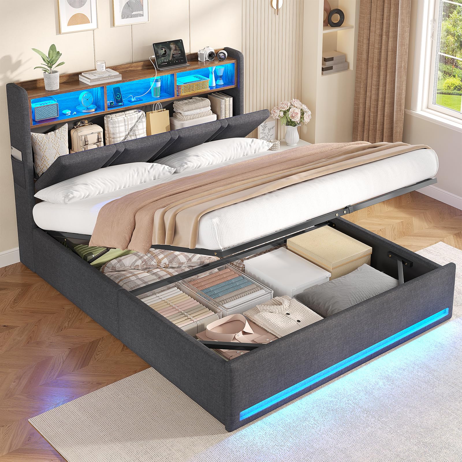 AOGLLATI Lit Coffre 140x190 avec Rangement Hydraulique, Lumières LED et Prise, Tête de Lit avec 3 Étagères Ouvertes & Compartiment Caché, Sommier à Lattes, Lit 2 Personnes, Sans Matelas,Lin Gris Foncé