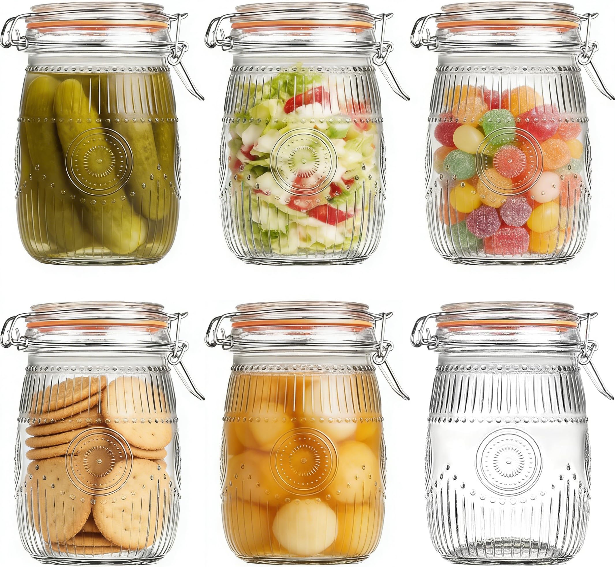 Lot de 6 Bocaux en Verre Hermetiques avec Couvercle, 1 L/34 oz Bocaux Rangement Cuisine Verre avec Fermeture à Crochet Idéal Lavable au Lave-vaisselle pour Pâtes Céréales Sucre Muesli Épices Haricots