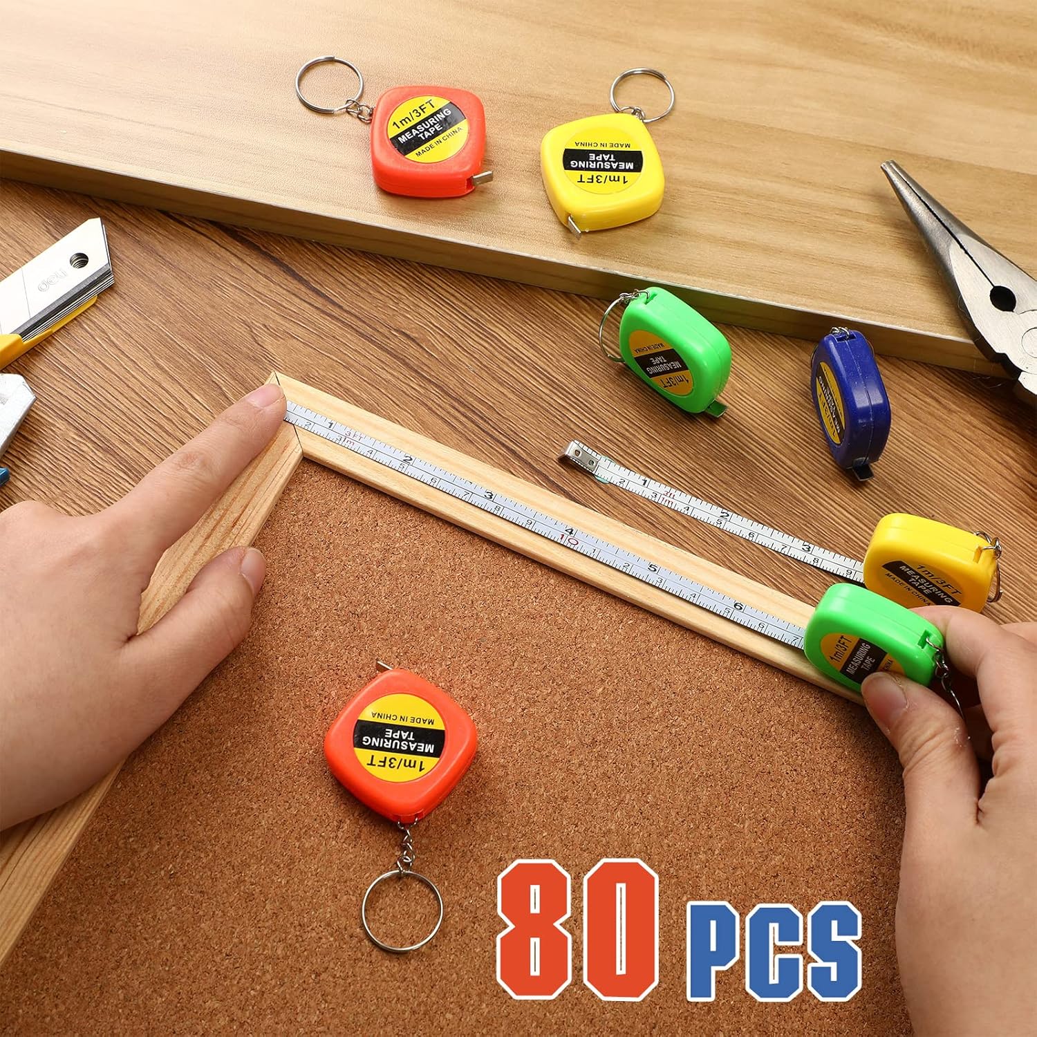 Macarrie 80 Pcs Small Tape Measure Keychains 3 Ft/ 1 M Mini Retractable Measuring Tape Bulk with Slide Lock Construction Party Favors for Prize Bag Filler DIY Projects Office Home Use, 4 Colors