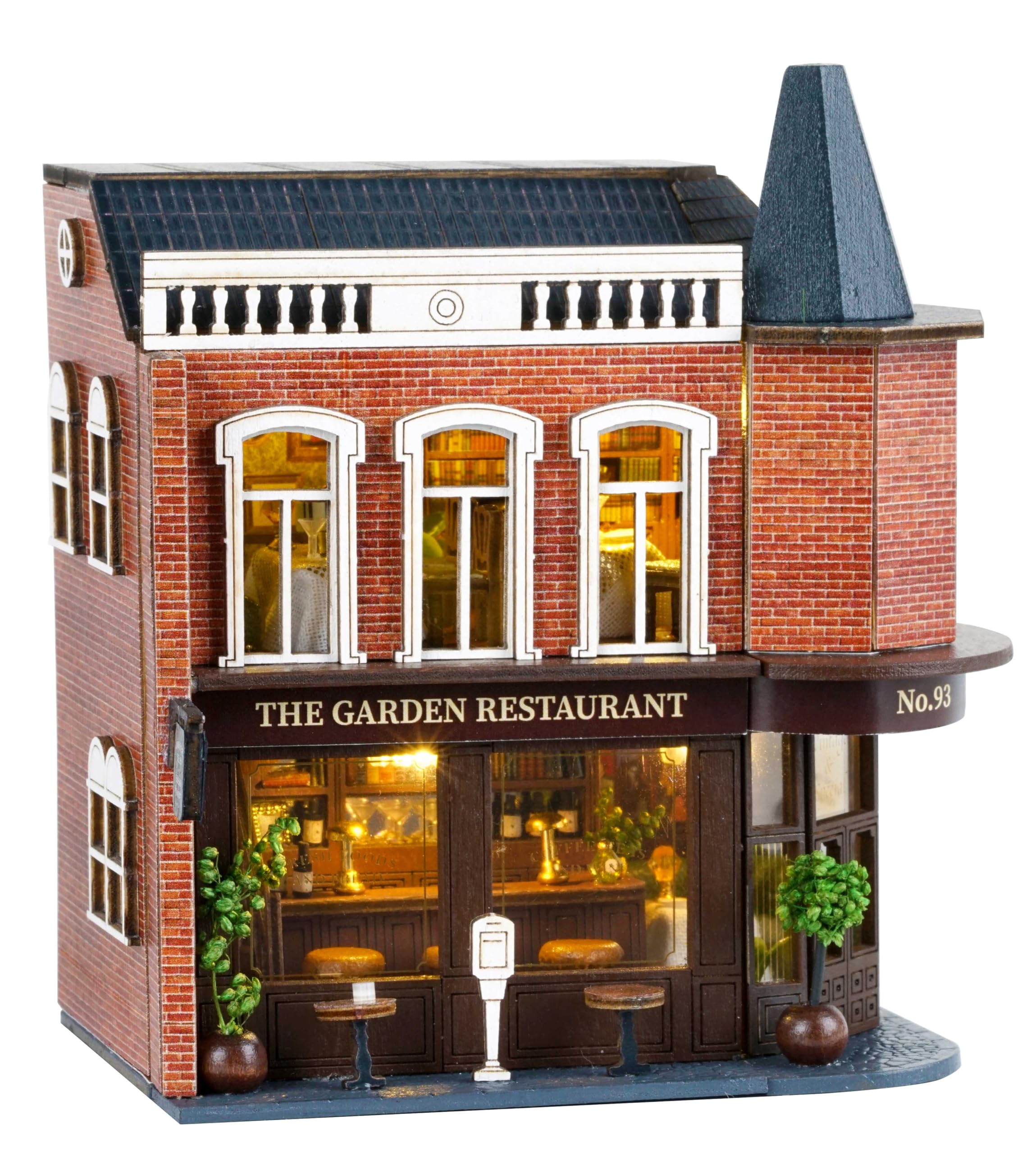 CUTEROOM Miniatur Haus, DIY Puppenhaus Set aus Holz, Mini Hausbau-Set mit Möbeln und LED Licht, Geburtstagsgeschenk für Jugendliche und Erwachsene (Garden Restaurant)