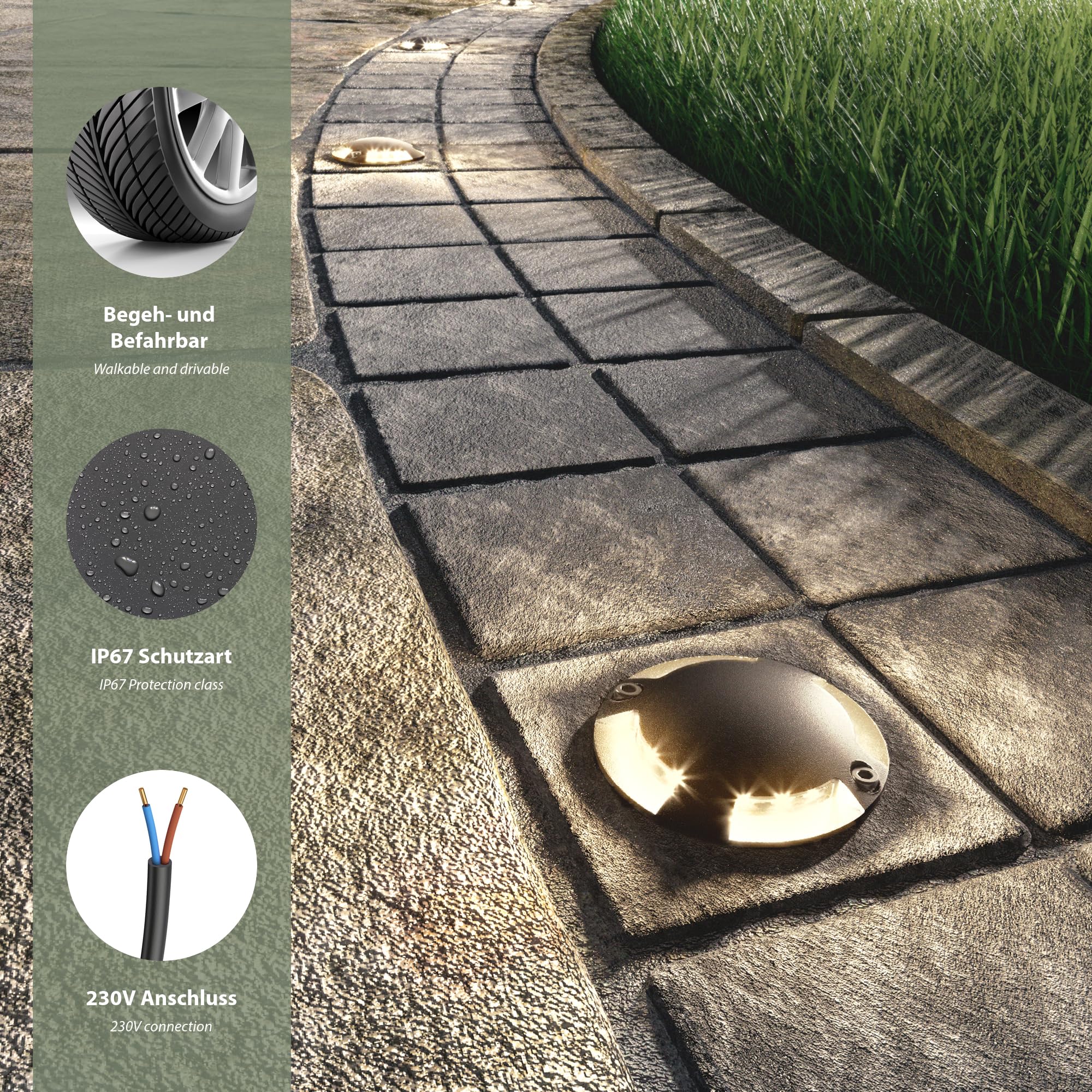 ledscom.de Lampe de sol à 15 LED, balisage RUNDA pour l'extérieur, IP67, 4 lampes, anthracite, ronde, 70 mm de diamètre, blanc chaud