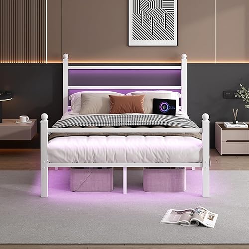 Full Size Bed Frame with Headboard and Footboard,Steel Slats Support-LED Bed Frame with USB Charging Station,Mattress Foundation-Under Bed Storage,No Box Spring Needed,Noise Free,White