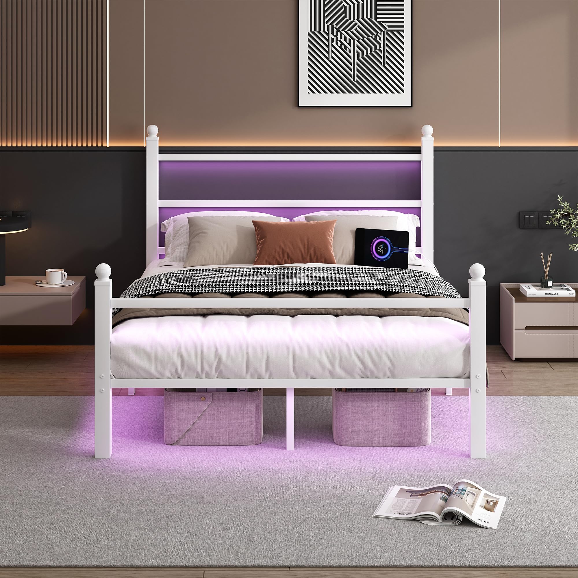 Queen Bed Frame with Headboard and Footboard,Steel Slats Support-LED Bed Frame with USB Charging Station,Mattress Foundation-Under Bed Storage,No Box Spring Needed,Noise Free,White