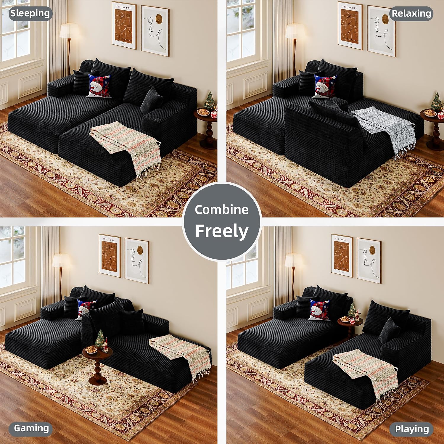 80" Double Chaise Lounge Chair Indoor ,Chaise Lounge Chair Indoor ,Corduroy Double Recliner Chaise Lounge fo Bedroom ,No Assembly Required - 40D high-density sponge ,reading/relaxation/afternoon nap | Corduroy, No Assembly Required, 60" Deep, （Black）