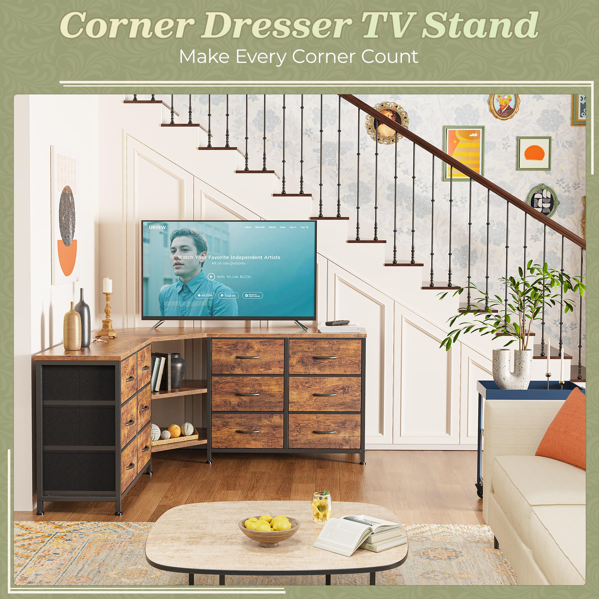 Amazon.com: Huuger 48 Inch Dresser for Bedroom, Corner TV Stand for 43, 55  inch TV, L Shaped Chest of Drawer with Storage and Open Shelves, 12 Drawer  Fabric Dresser for Closet, Small