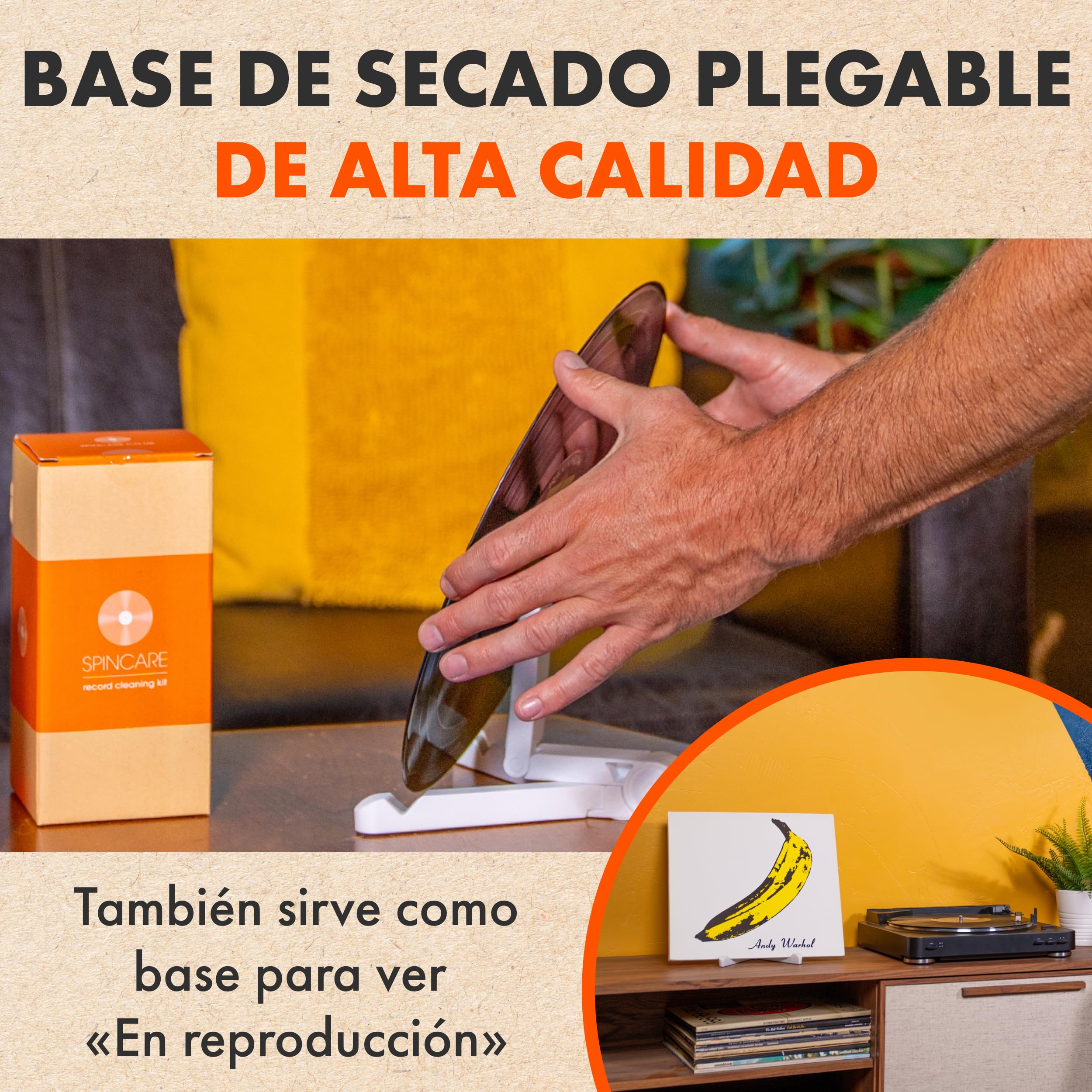 5 En 1 Kit De Limpieza Vinilos SPINCARE | 200ml Limpiador Vinilos De Discos | Antiestatico Cepillo | Limpia Agujas Tocadiscos | Paño De Microfibra | Soporte De Secado Y Exhibición