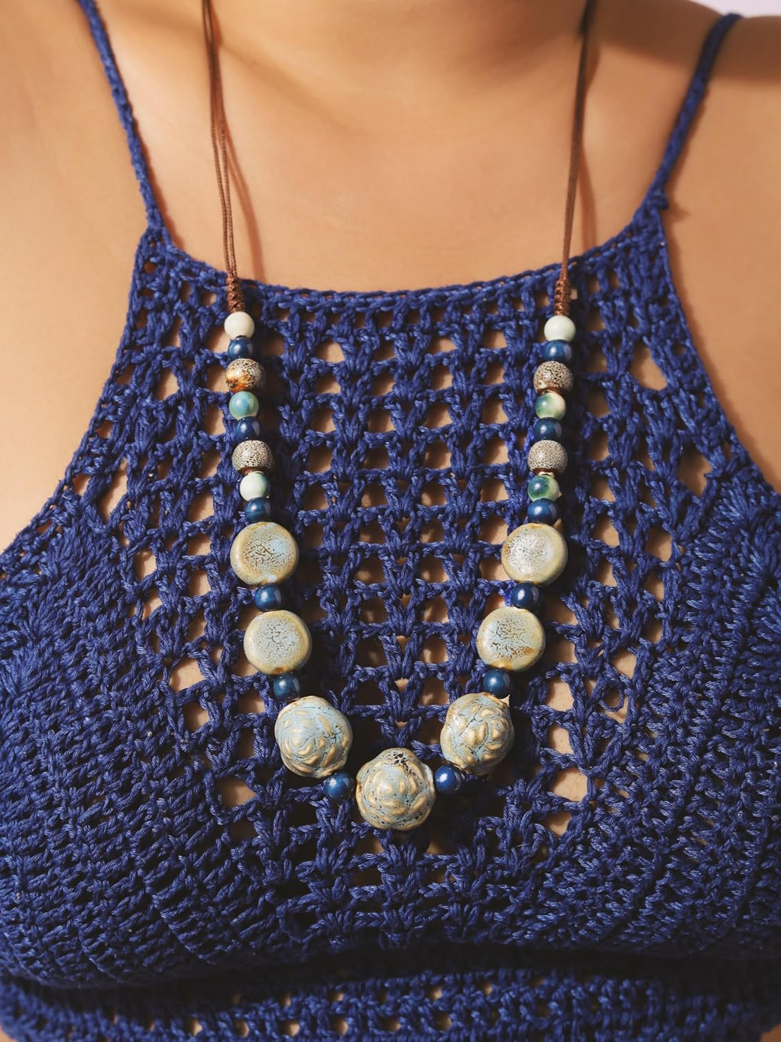 MINACHI Boho Hippie Round Ceramic Beads Strand Necklace, Vintage Bohemian Summer Beach Jewelry Gift for Women - Image 5