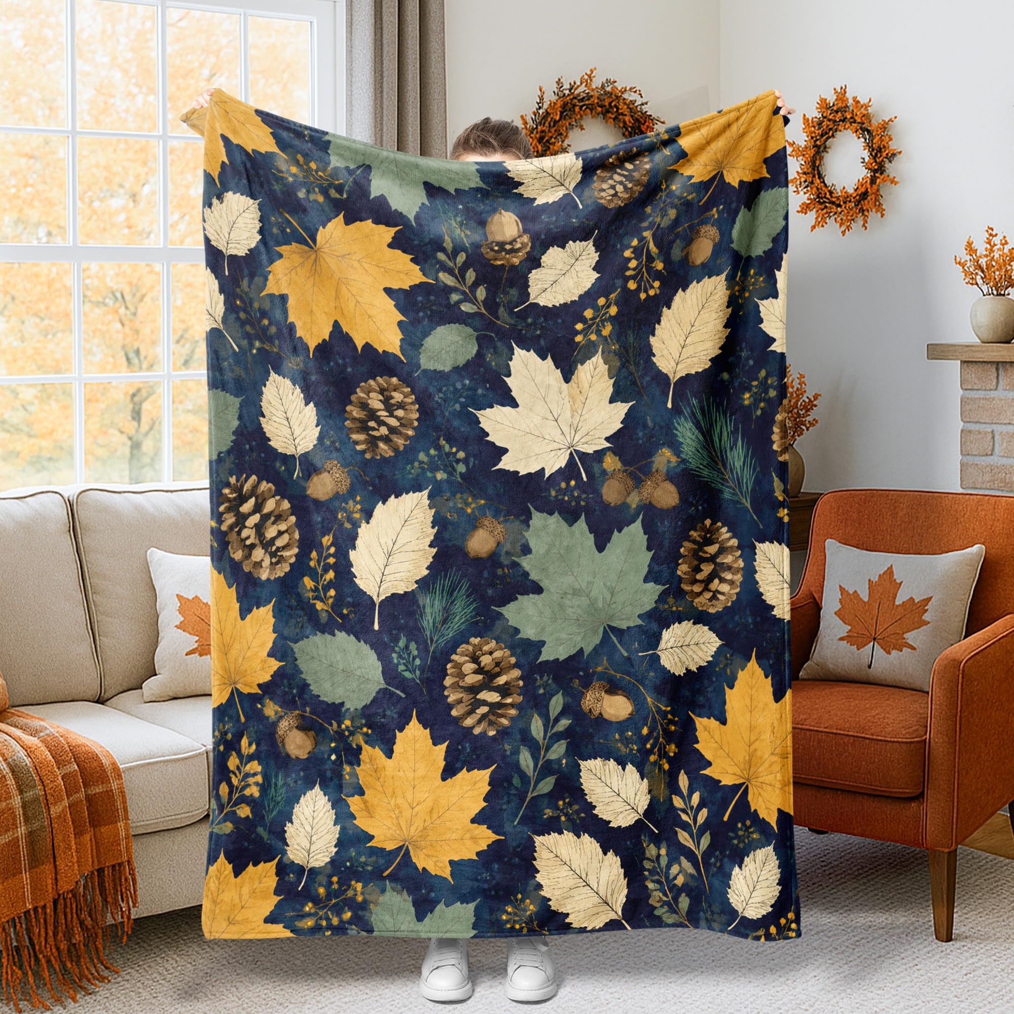 Jeté de lit en polaire bleu marine 152x203 cm avec motifs d'automne