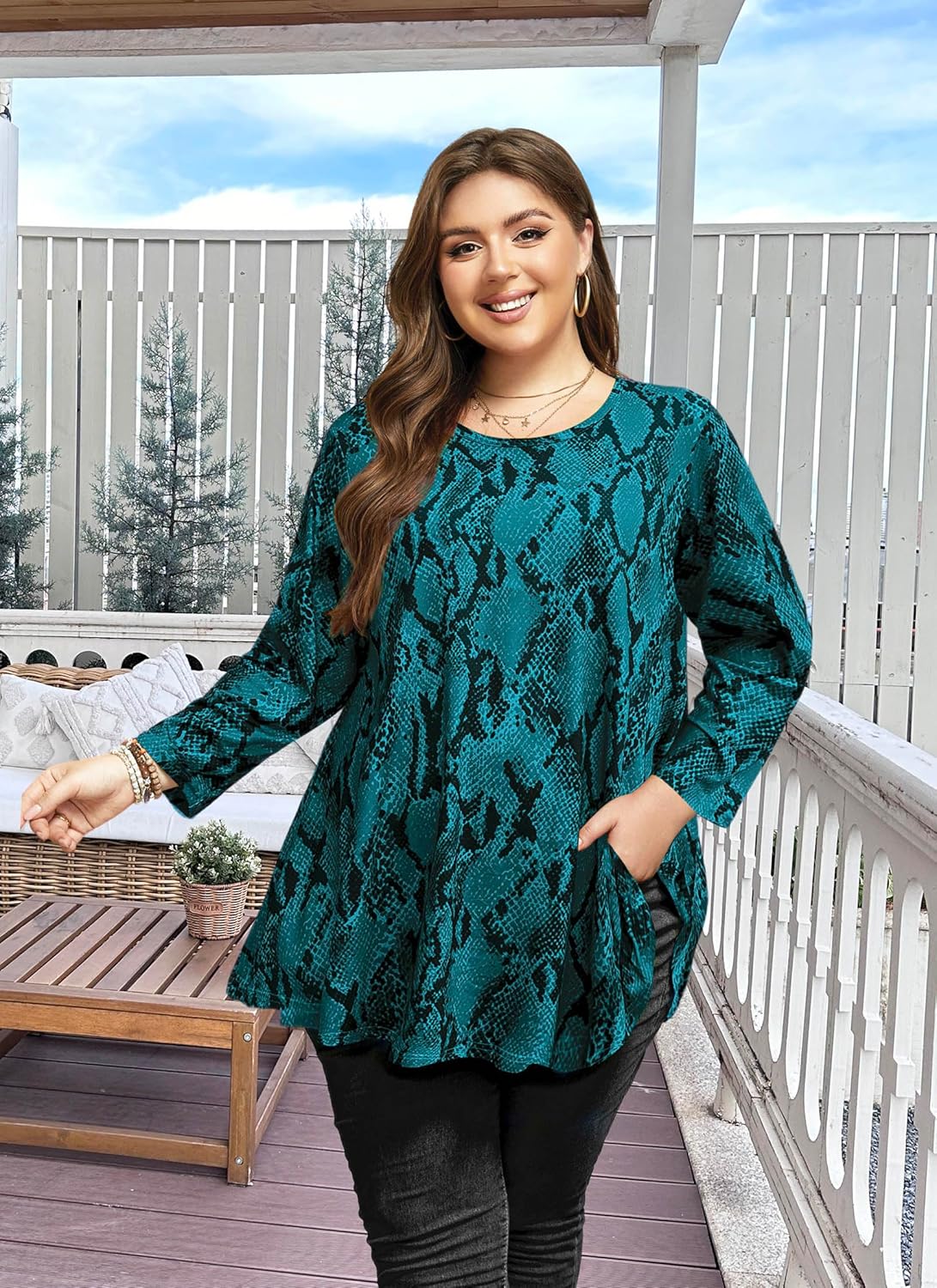 Womens Tops - Plus Size Tunics 3/4 Sleeve Loose Fit Dressy Casual Long Swing Flowy Lady Blouses Shirts Wear with Leggings Teals Blue Clothing - Image 5