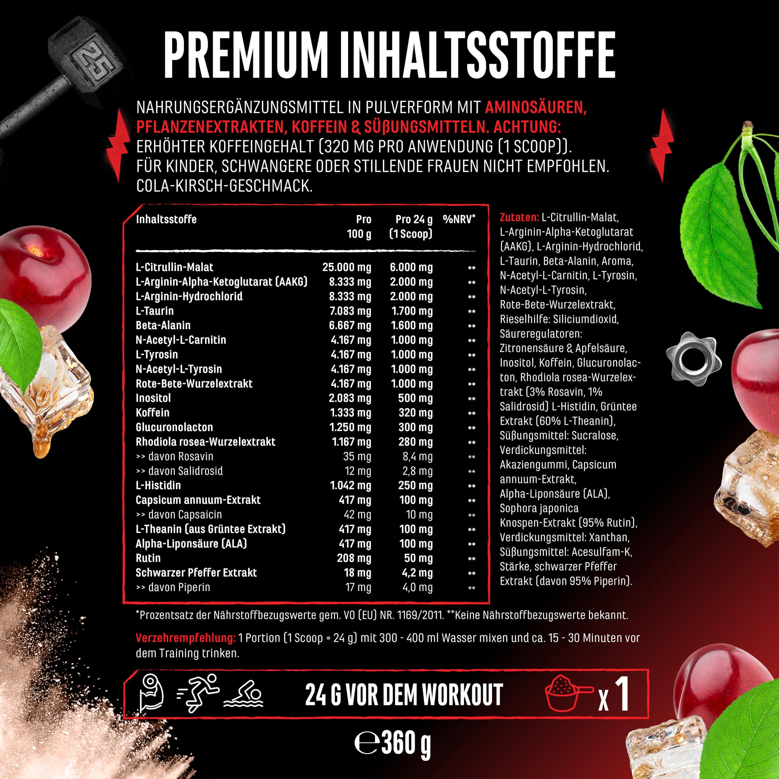GEN GERMAN ELITE NUTRITION Push it to the Limit - Pre Workout - 360 g | Cola Cherry, hochdosiert, L-Arginin, Citrullin & Koffein, L-Tyrosin, L-Theanin, L-Carnitin, AAKG, Taurin, Rhodiola