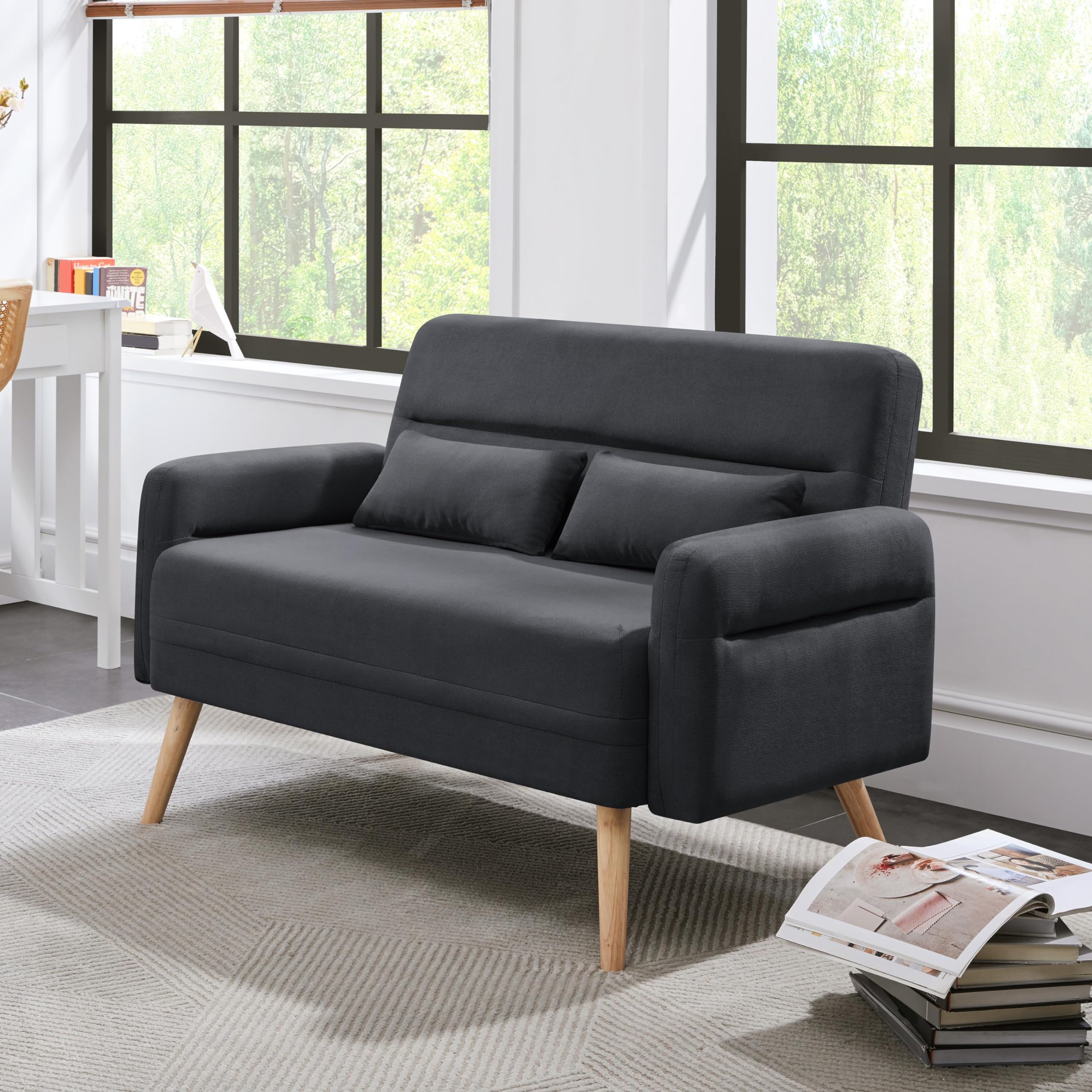Yaheetech 46" Small Modern Fabric Sofa Loveseat Mid Century 2 Seater Sofa Couch with Lumbar Pillows, Solid Wood Legs for Small Space, Dorm, Office, Bedroom, Dark Gray