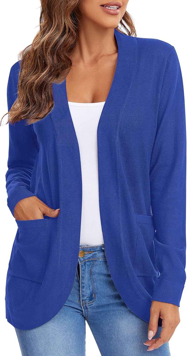 Urban CoCo Womens' Long Sleeve Knit Sweater Cardigans Curved Hem Open Front with Pockets - Image 2