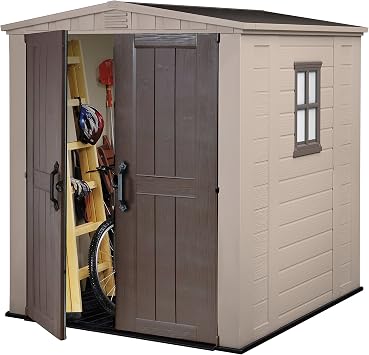 Keter Factor Outdoor Apex Double Door Garden Storage Shed 6 x 6ft Beige Brown Wood effect | Fade Free | All Weather Resistant | Safe and Secure | Zero Maintenance |