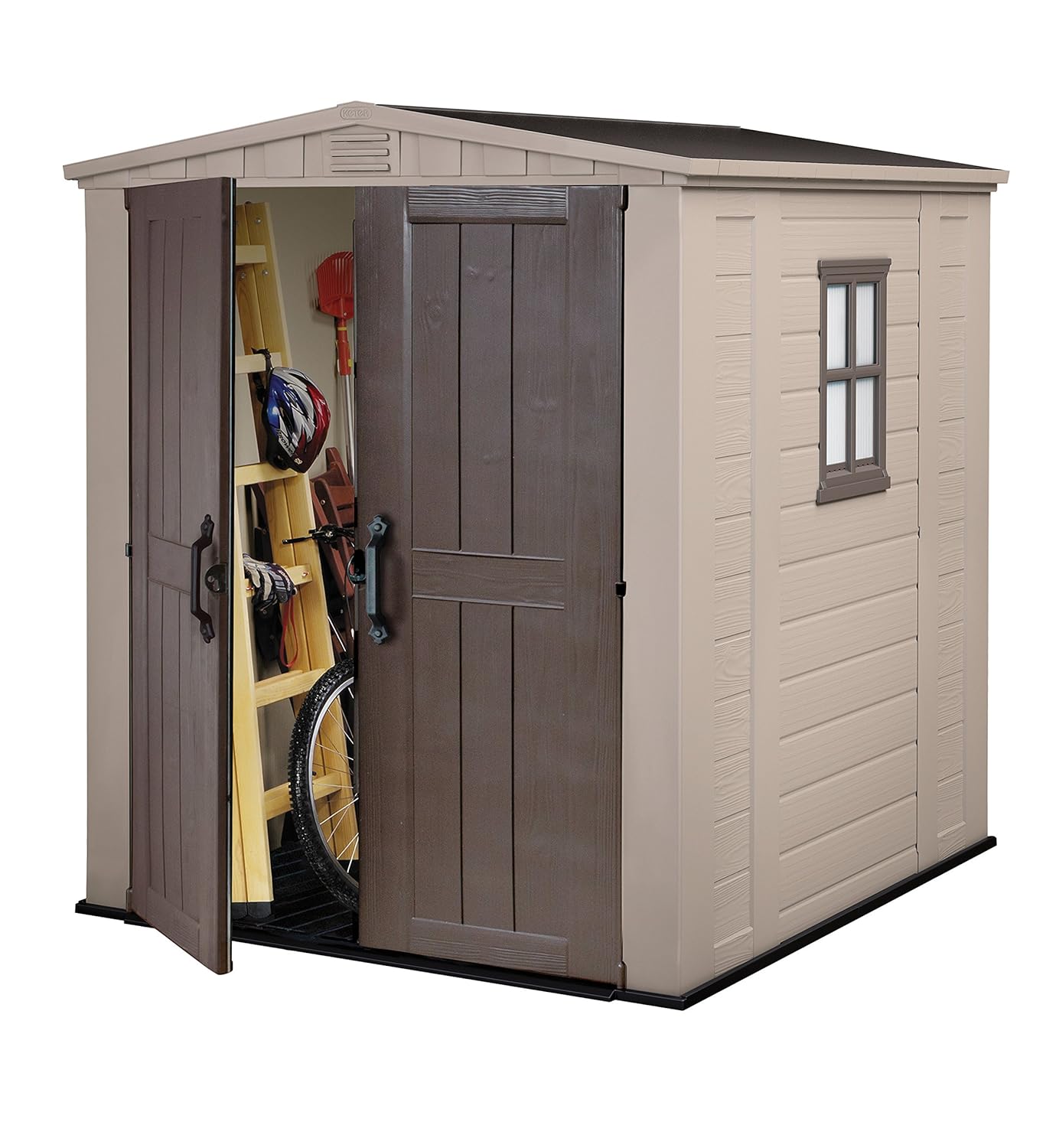 Keter Factor Outdoor Apex Double Door Garden Storage Shed 6 x 6ft Beige Brown Wood effect | Fade Free | All Weather Resistant | Safe and Secure | Zero Maintenance | 15 year...
