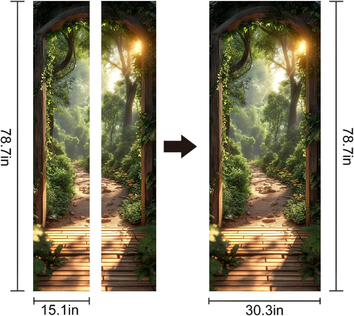 WOOHOOROO Forest Pathway Door Sticker Peel and Stick-Sunlit Woodland Trail Removable Mural for Home and Office,Set of 2 Sheets