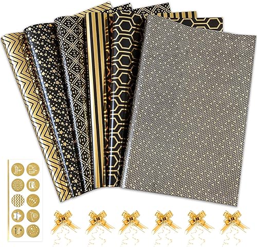 Miniatura 2 de Larcenciel Juego de papel de regalo de regalo, 6 hojas de papel de regalo metálico negro dorado con lazo de regalo y calcomanía, envolturas de