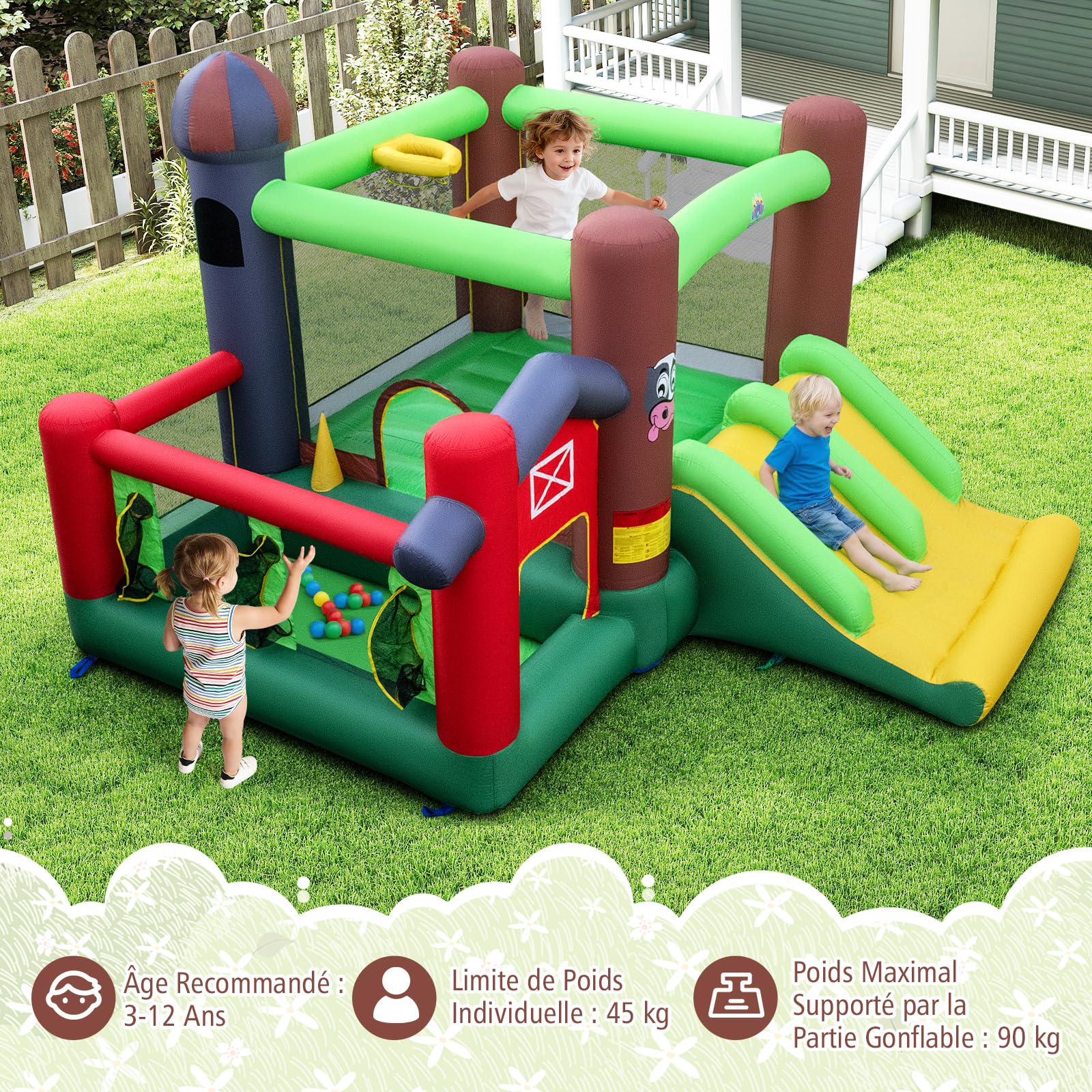 COSTWAY Château Gonflable avec Double Toboggans et Souffleur 680W, Aire de Jeux Gonflable avec Maison de Saut et Piscine à Balles, Panier de Basket, Jeu de Cibles, Intérieur Extérieur, 3-12 Ans