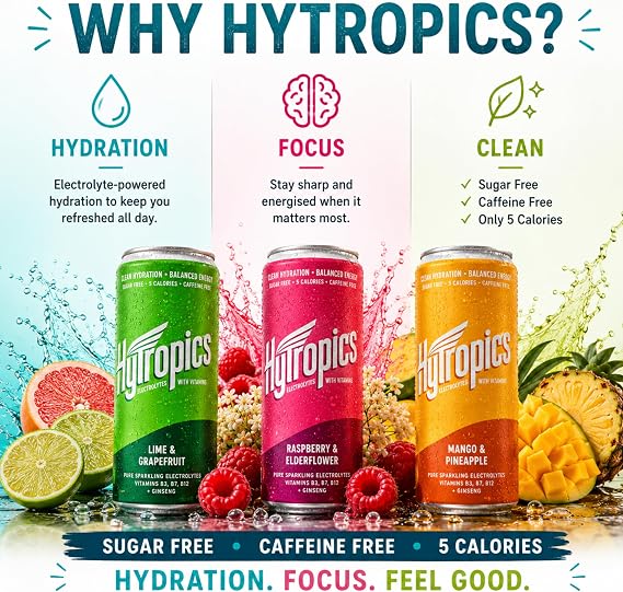 Hytropics Electrolyte Drink Multipack (6 x 250ml) - Sparkling Sugar Free Hydration Drink with B Vitamins & Ginseng - Caffeine Free Energy Drink Alternative for Focus & Jet Lag Recovery