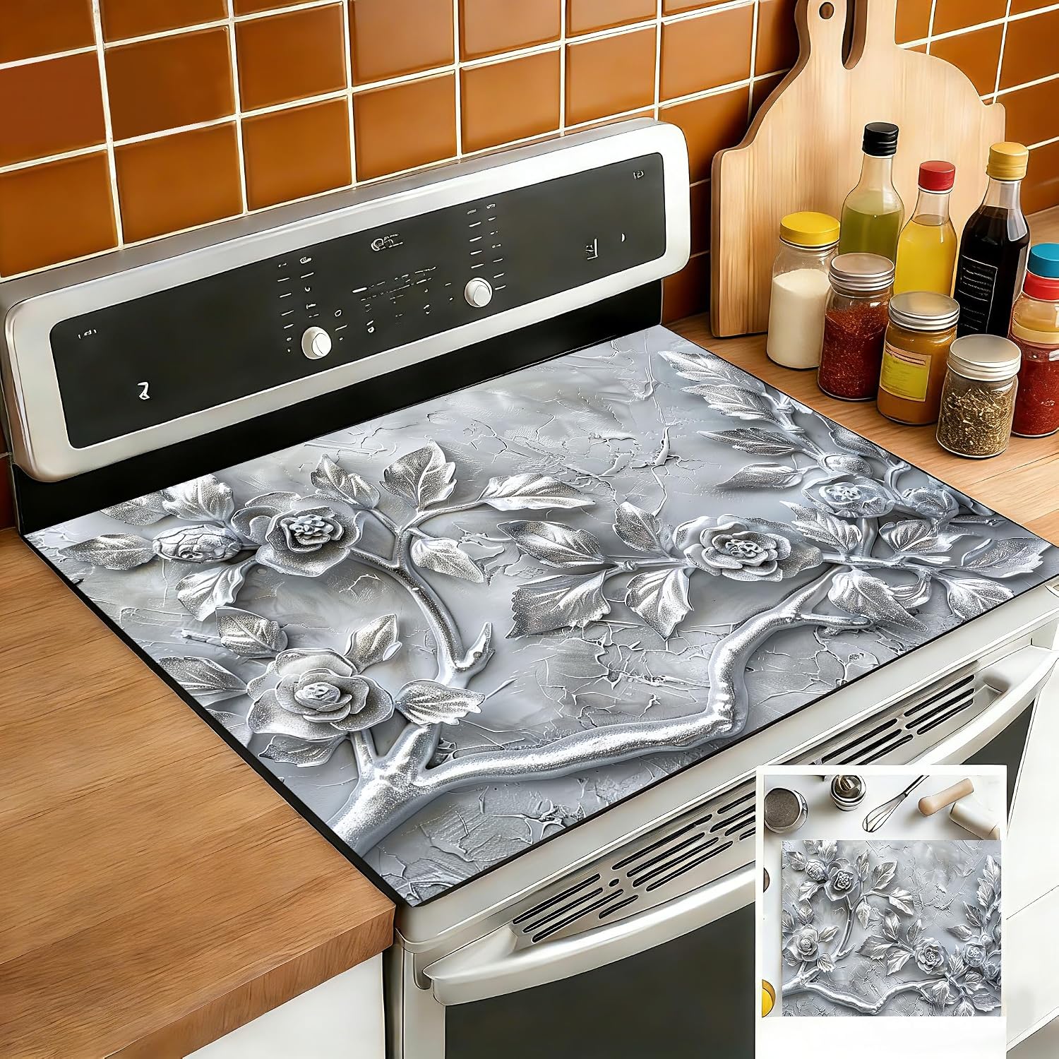 Stove Top Covers for Electric Stove 28 x 20 Inch, Blue White Floral Butterfly Stove Cover Protector, Heat Resistant Glass Cooktop Countertop Cover (Pearlescent Flower & Butterfly Art)