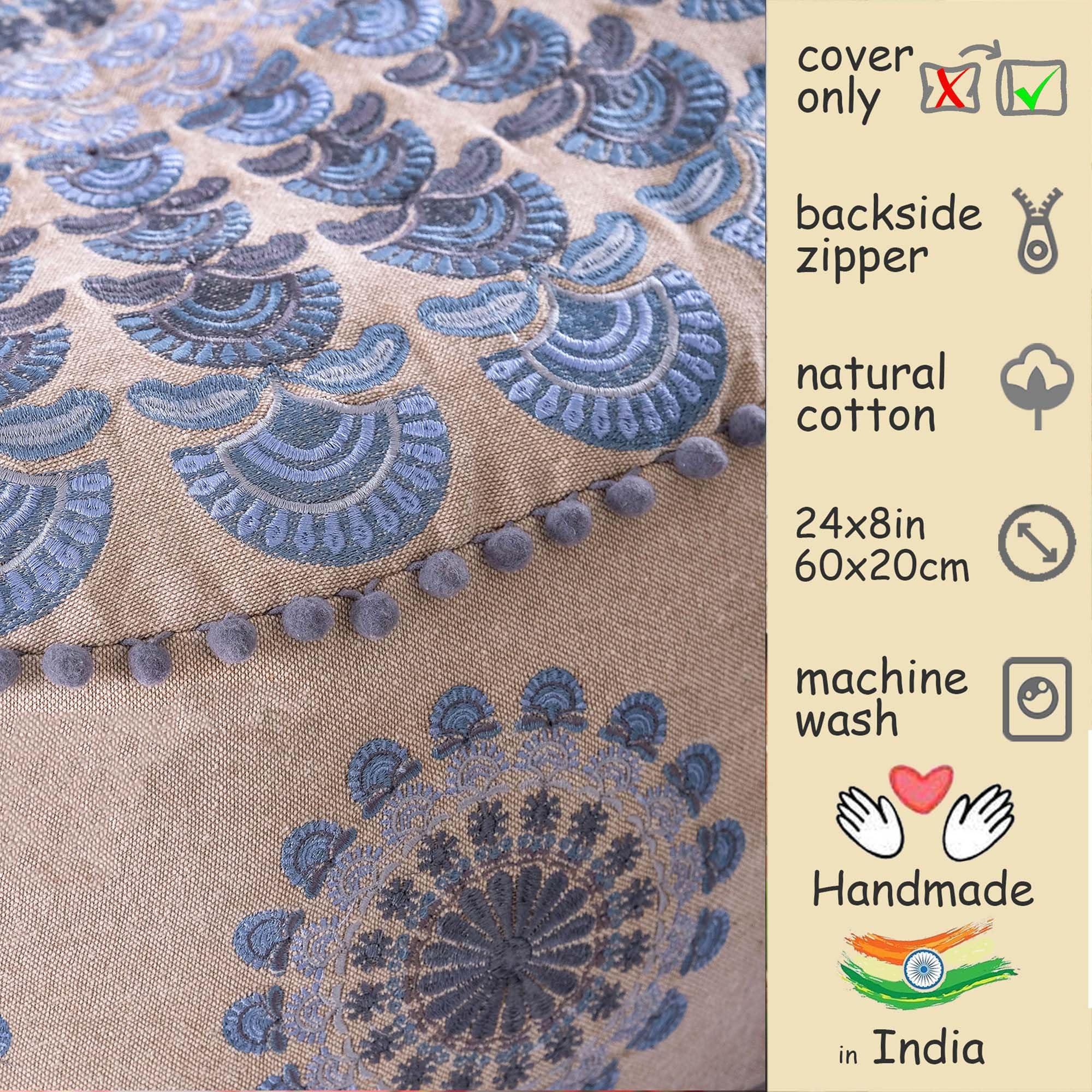 Mandala Life ART Blauer Pouf Rund Mit Ponpon Sitzpouf Groß Dekorist Cozy Groß Bodenkissen Boho Haustierbett Orientalische Sitzecke 100% Baumwolle Ungefüllt 60X20Cm