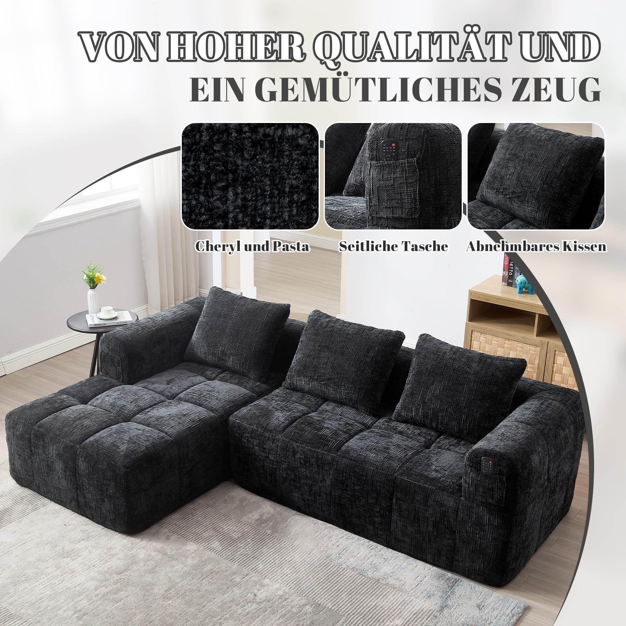 Soweiz Sofá L, sofá de 3 plazas, sofá seccional, no requiere instalación, sofás de chenilla con chaise longue y reposabrazos, 3 cojines, bolsillo lateral para mando a distancia, 250 x 158 x 60 cm
