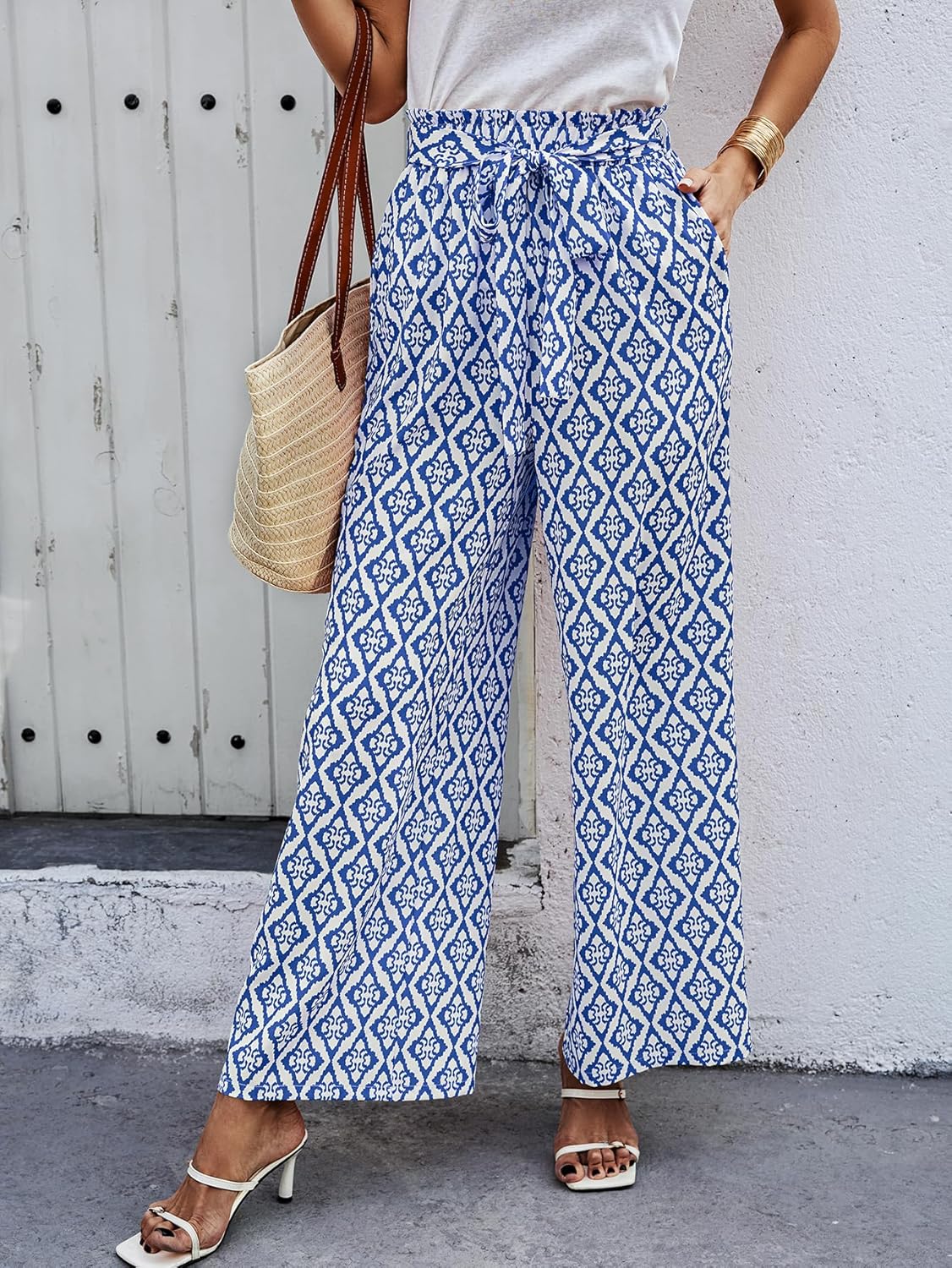 Women's Casual Wide Leg Palazzo Pants High Waist Tie Knot Summer Flowy Beach Work Trousers Lounge Pants with Pockets - Image 2