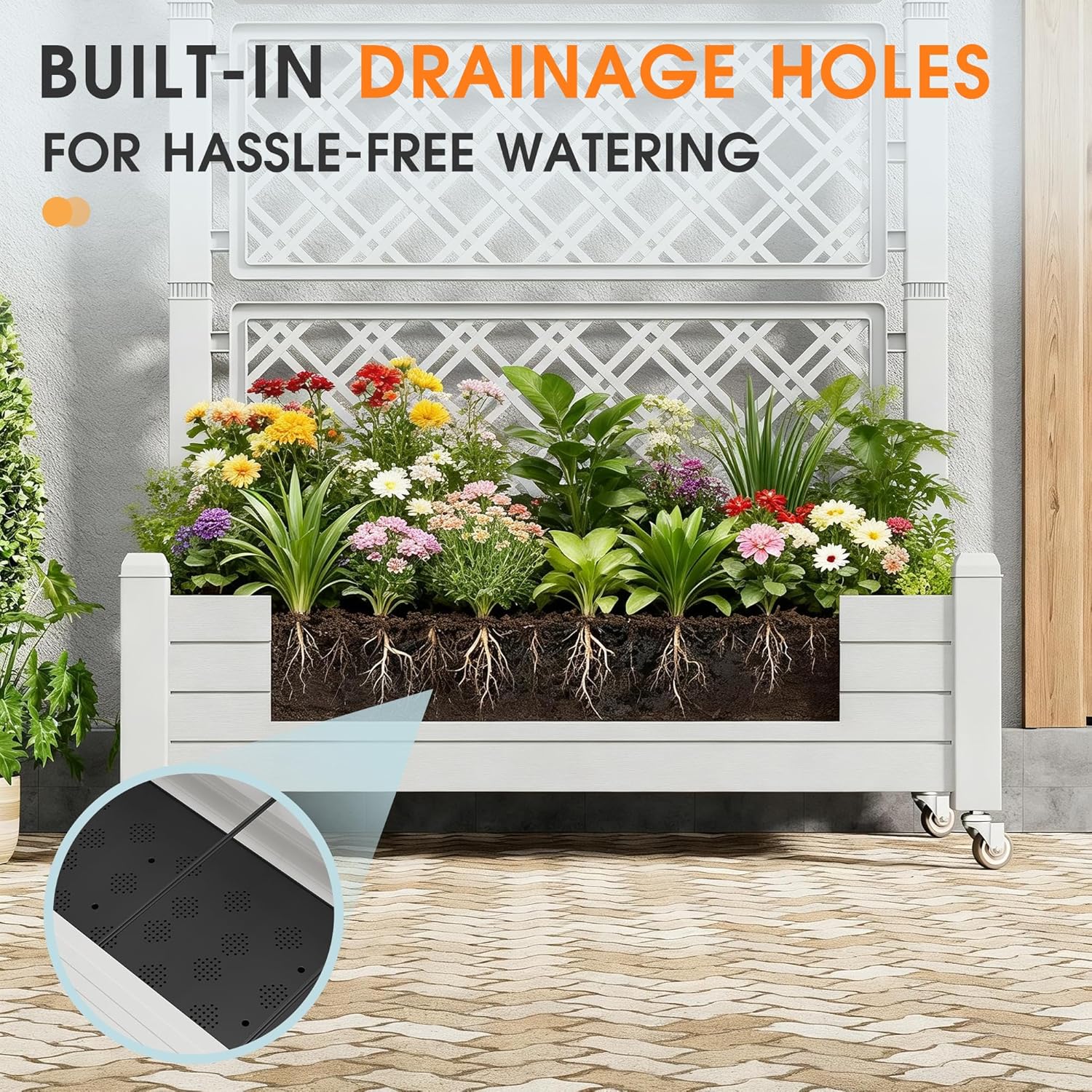 Resin Raised Garden Bed with Trellis and Wheels, Planter Box with Trellis Outdoor, Raised Planter with Trellis with Drainage Holes & Water Monitor for Climbing Plants, Flower, White(61.2" H)