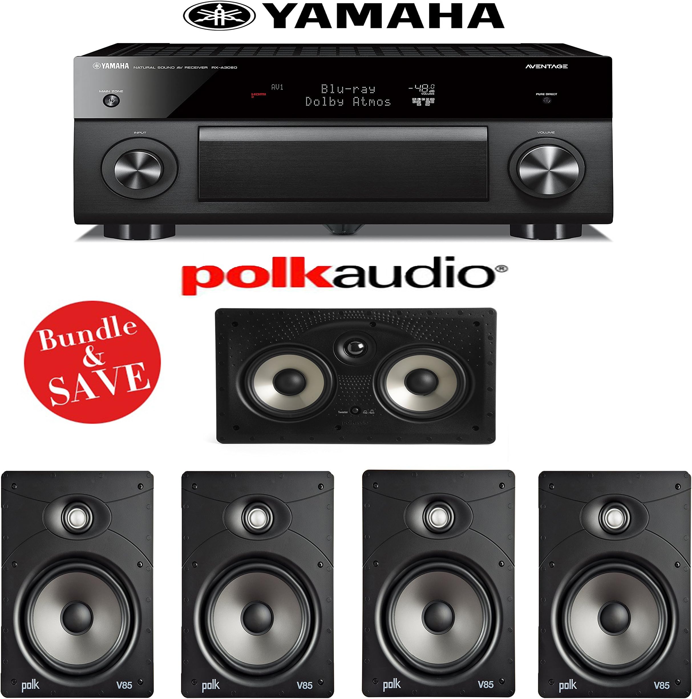 Yamaha RX-A3060BL AVENTAGE 11.2-Channel Network A/V Receiver + Polk Audio V85 + Polk Audio 255C-RT - 5.0 In-Wall Home Speaker Package