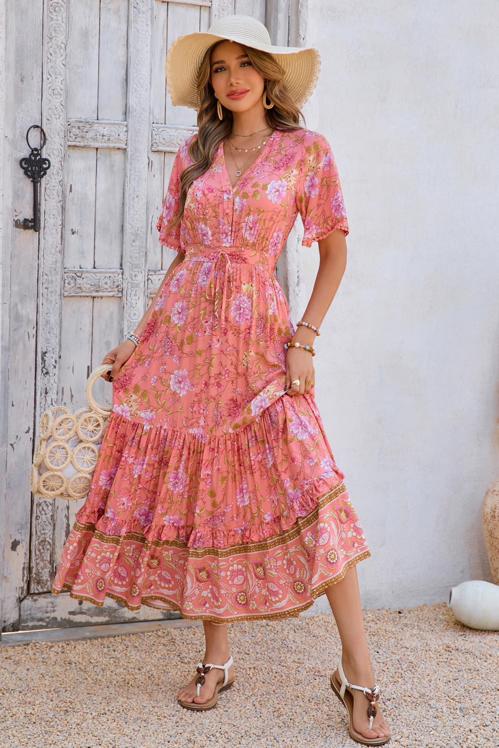 R.Vivimos Abito Boho Estivo Donna Abito Sexy Scollo a V Bottoni Manica Corta Vestito Elegante con Volant Orlo Abito Lungo Maxi da Spiaggia Casual per Le Vacanze(XL,Rosa Corallo)