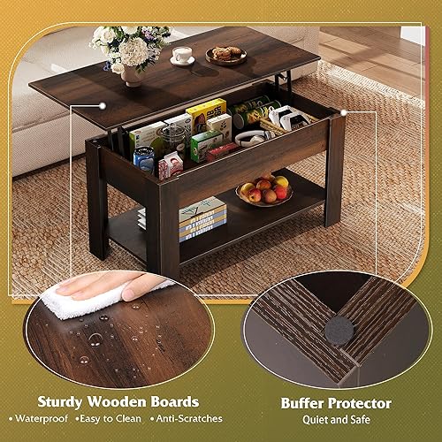 Miniatura 27 de WLIVE Mesa auxiliar, mesa de centro elevable de 47 pulgadas con compartimento oculto y 2 estantes de almacenamiento para sala de estar, espresso