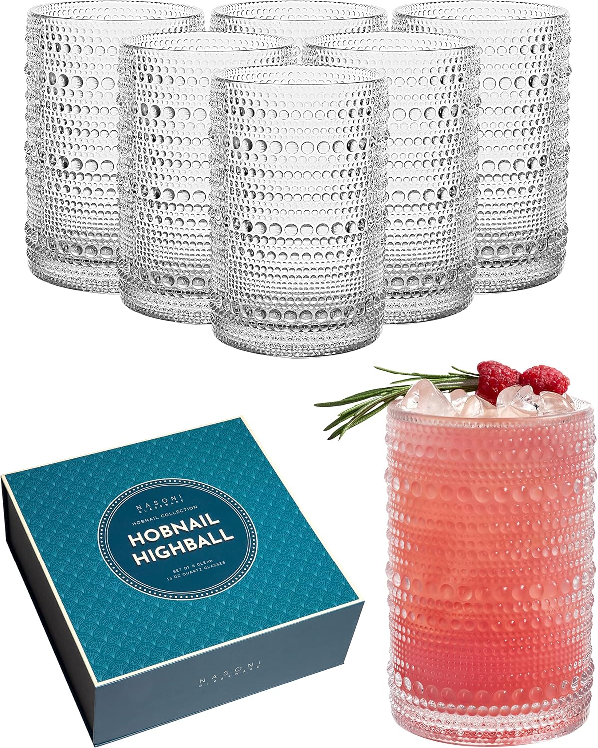14 oz Hobnail Highball Glasses Set of 6 (Clear) Embossed