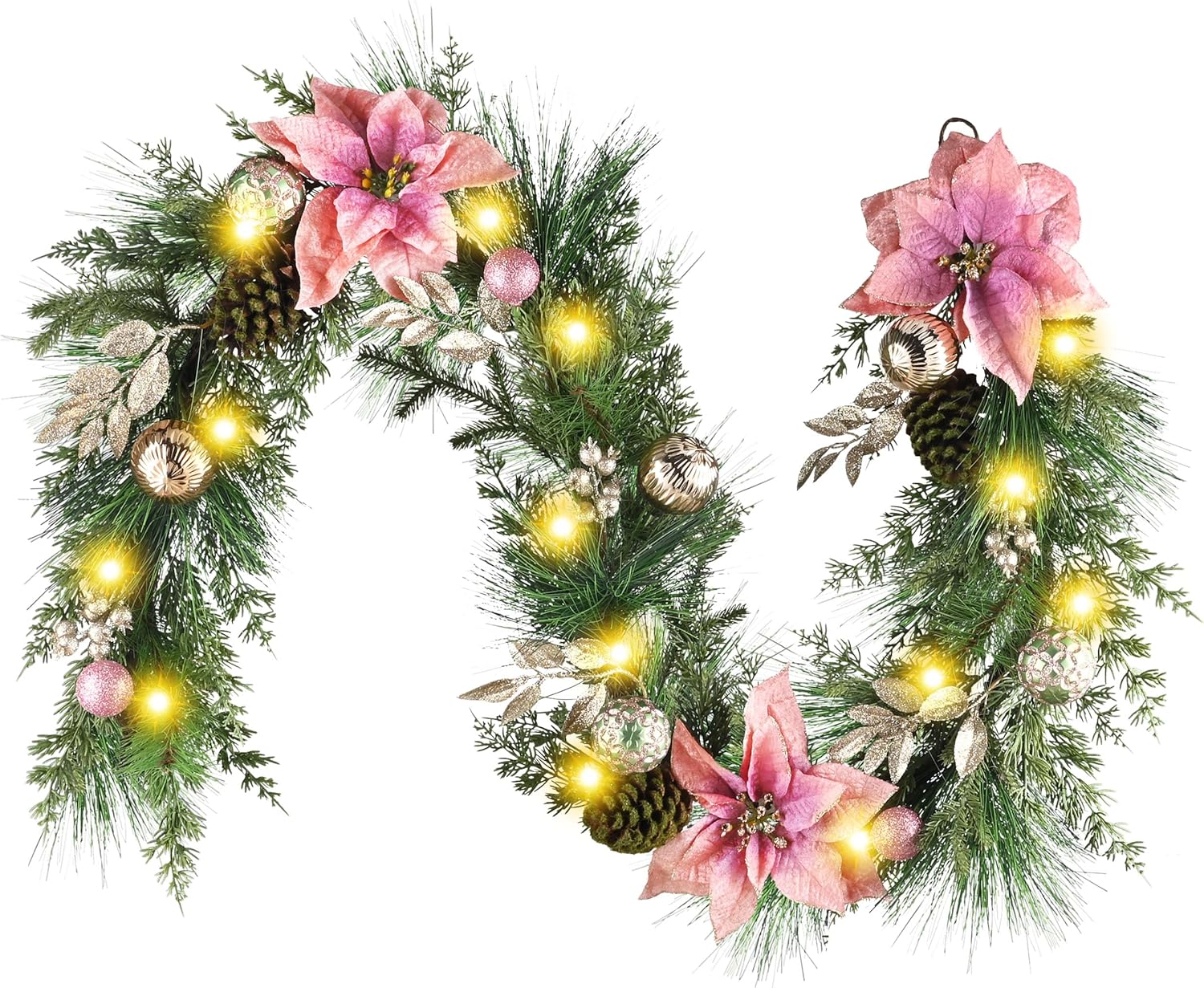 Decorbyhannah Valentines Day Garland with Lights, 6ft Lighted Artificial Pink Flower Greenery Christmas Garland with Pink Gold Ornaments, Battery Operated Valentine Day Decorations for Wedding