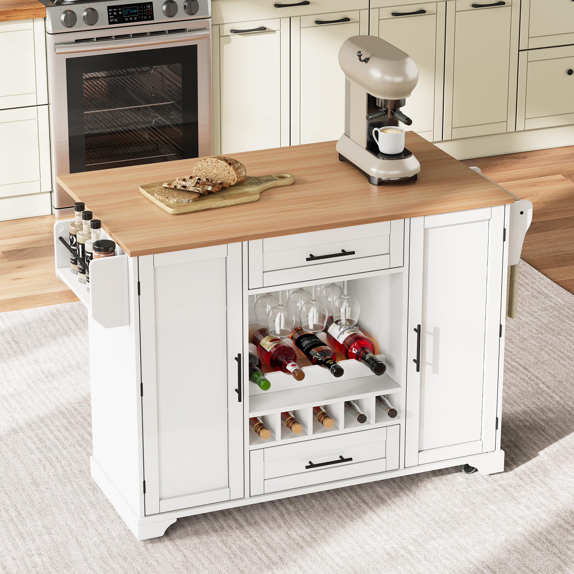 Isla De Cocina Móvil con Ruedas, Carro de Cocina con Mesa de Comedor Extensible, Mueble Auxiliar Cocina con Botellero, Soporte para Vasos, Estante para Especias y Toallero, 120x45x92cm (Blanco)