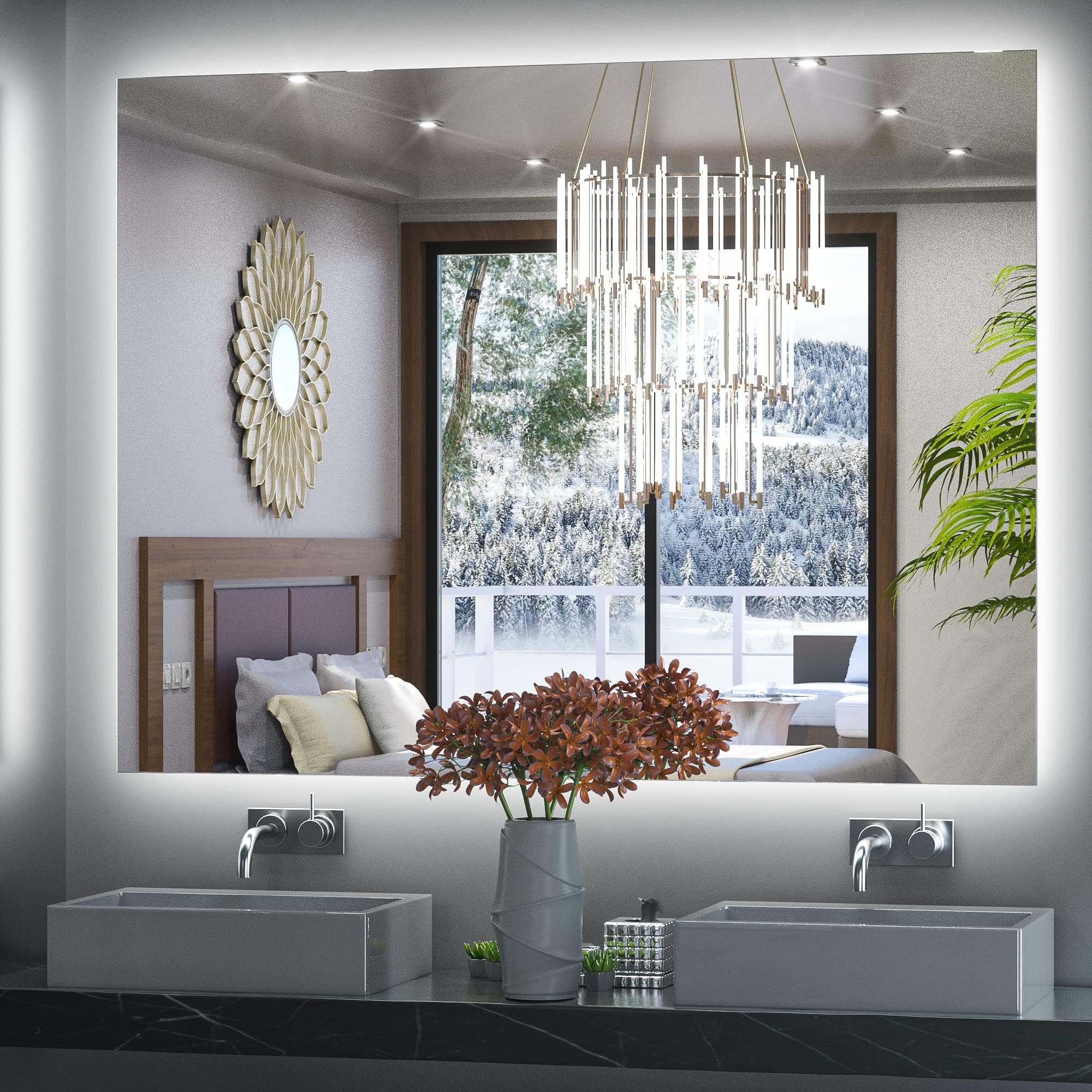 Keonjinn LED Mirror for Bathroom 48 x 36 Inch, Backlit Mirrors with Dimmable 3-Color Lights, Lighted Vanity Mirror High Lumen, Anti-Fog, Shatterproof Tempered Glass, CR90+