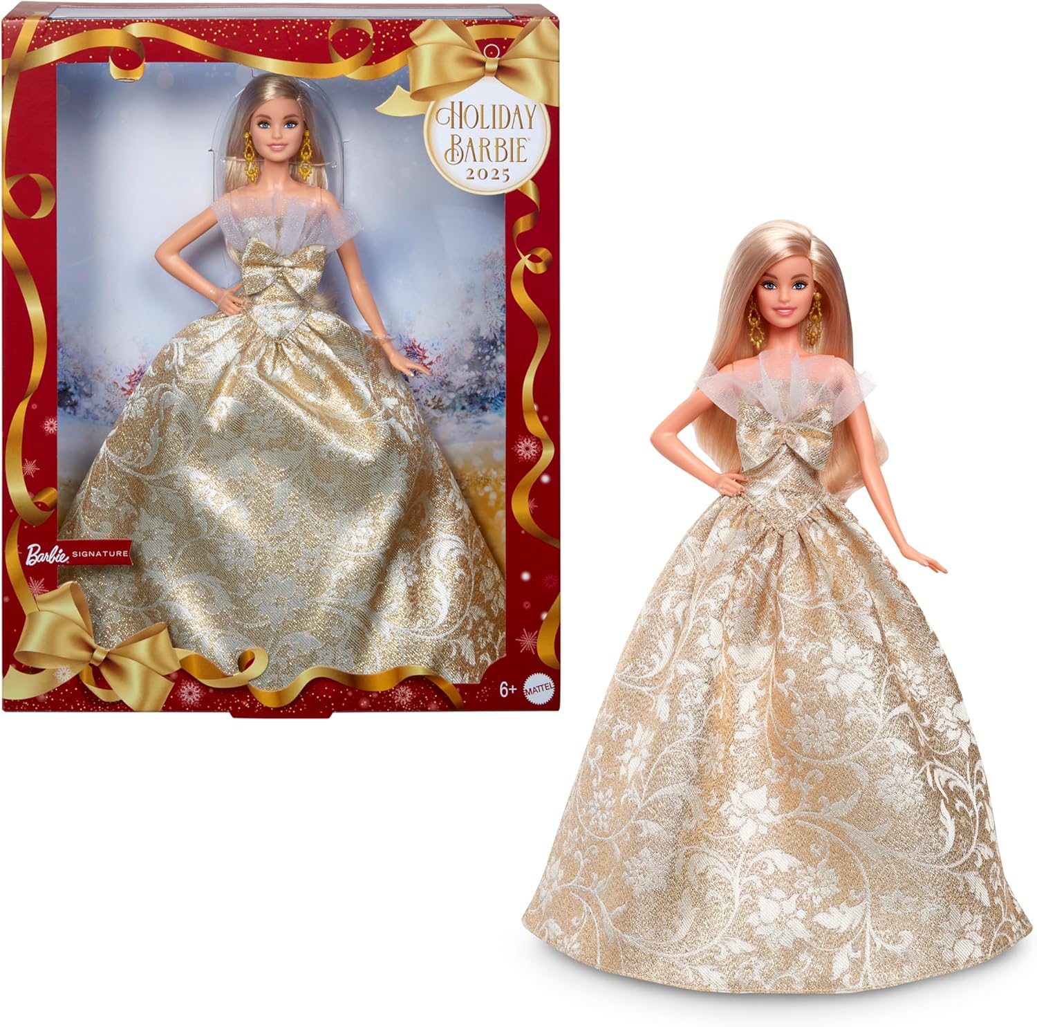 Barbie Holiday Barbie Blonde Signature BLACK Dress-up Doll & House, Pretend Play, For Ages 6 and Up, Gold JBH95