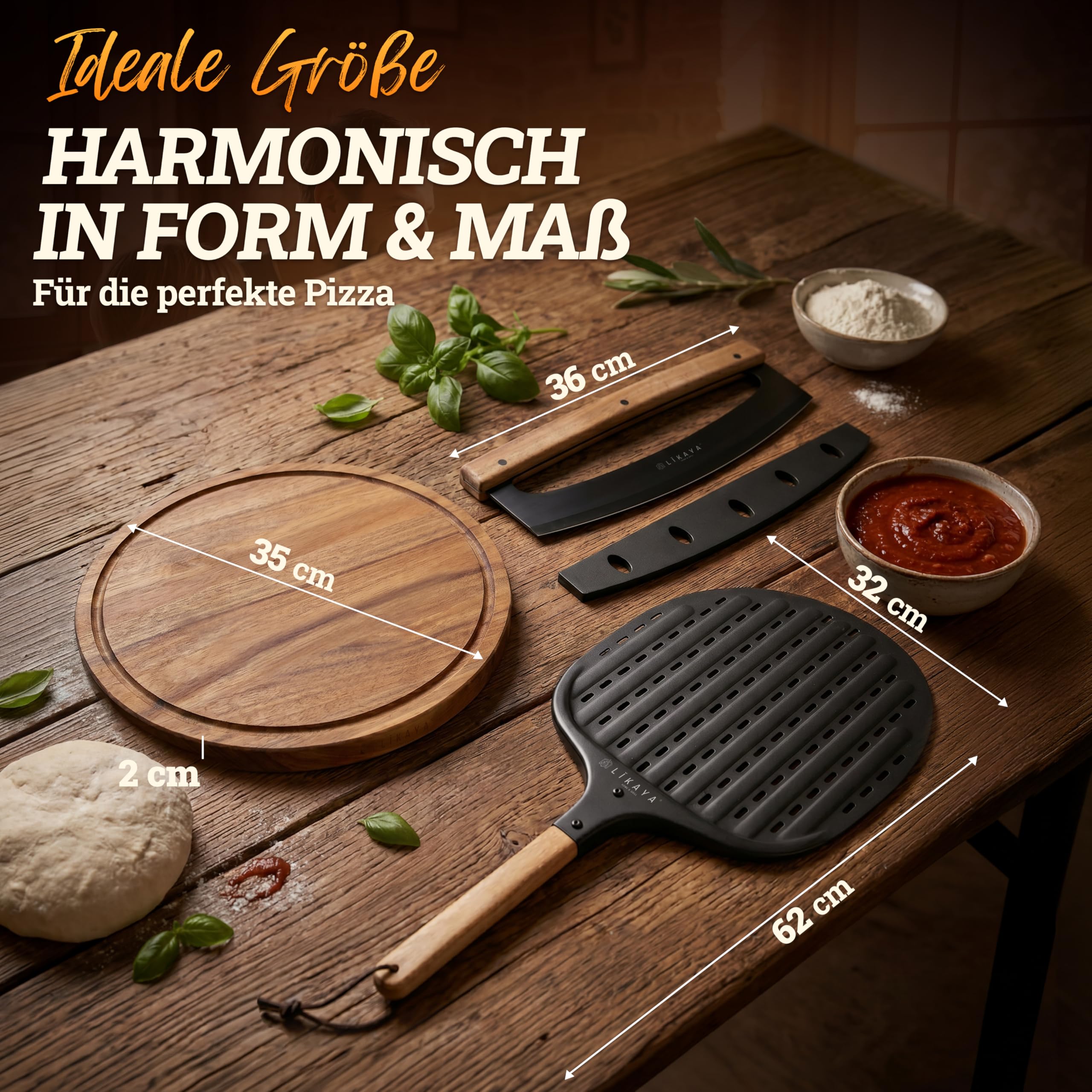 LIKAYA Pizzaiolo Set d'accessoires à pizza professionnel avec pelle à pizza 32 x 62 cm, planche à pizza 35 cm et couteau à pizza 36 cm – Pelle à pizza, couteau à pizza et planche à pizza en bois
