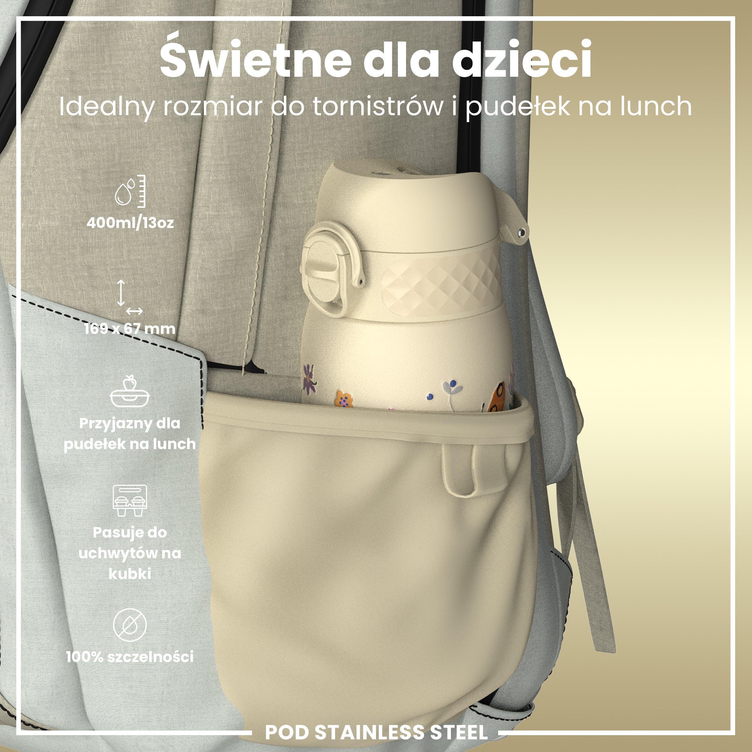 ION8 Butelka na Wodę dla Dzieci ze Lekki Stali, 400 ml/13 oz, Nieocieplany, Szczelna, Łatwa do Otwarcia, Bezpieczny Zamek, Można Myć w Zmywarce, Składany Uchwyt, Łatwa w Czyszczeniu, Owady I Życie