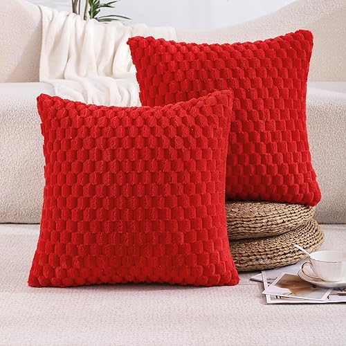 All Smiles Juego de 2 fundas de almohada rojas navideñas de 18 x 18 pulgadas, de piel sintética, suaves, esponjosas, decorativas, para decoración
