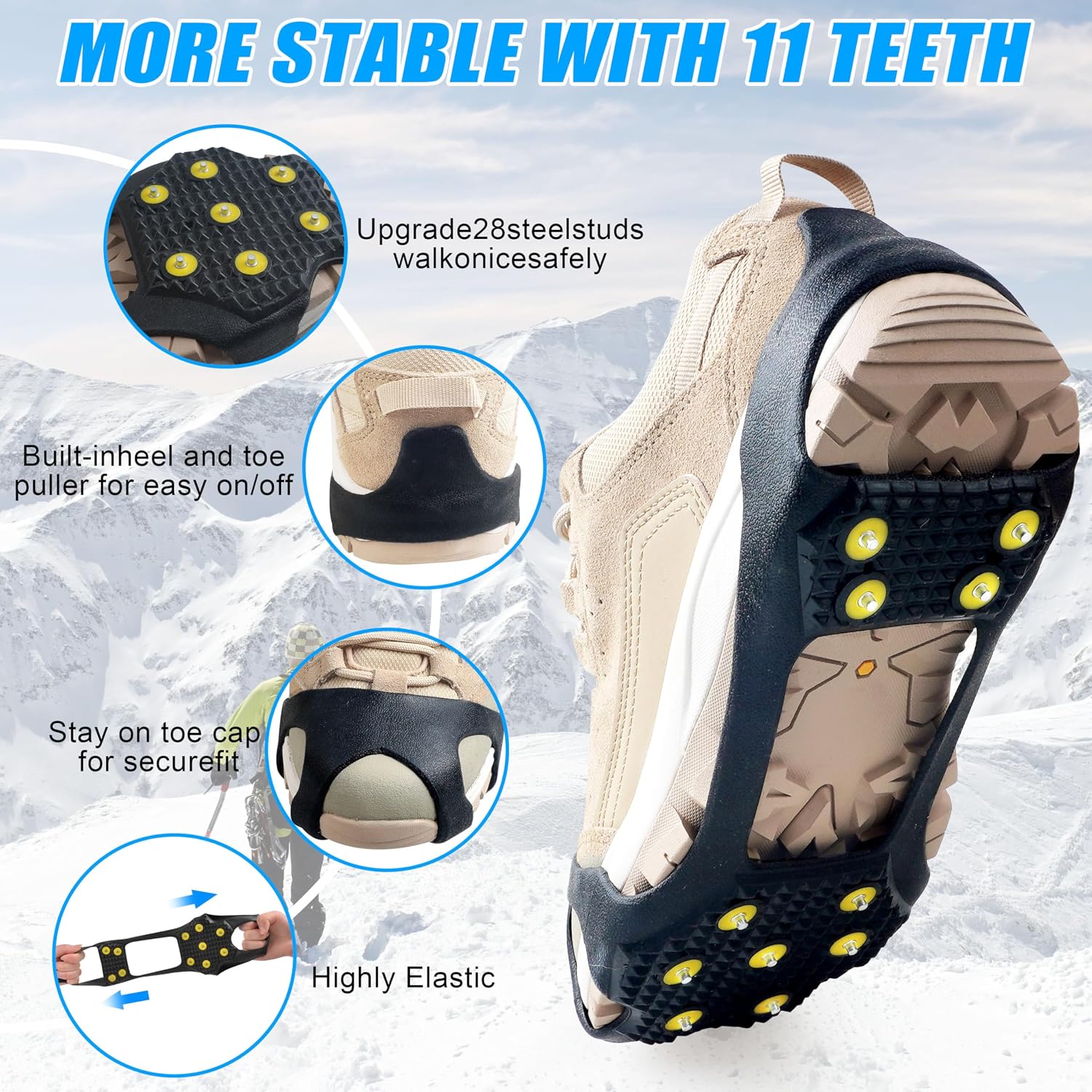 Ice Cleats for Shoes and Boots Snow Walk Traction Cleats Crampons Anti Slip 11 Studs Ice Snow Grippers Overshoe for Walking on Ice and Snow