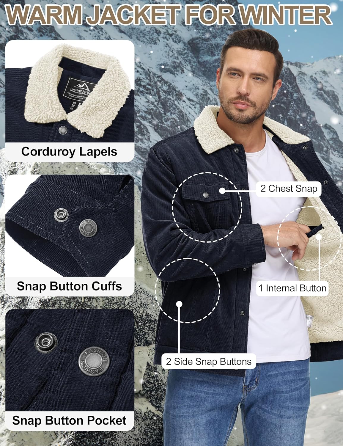 TACVASEN Men's Corduroy Jacket Fleece Sherpa Lined Winter Coats Warm Cotton Casual Trucker Cargo Jacket with Multi Pockets - Image 6